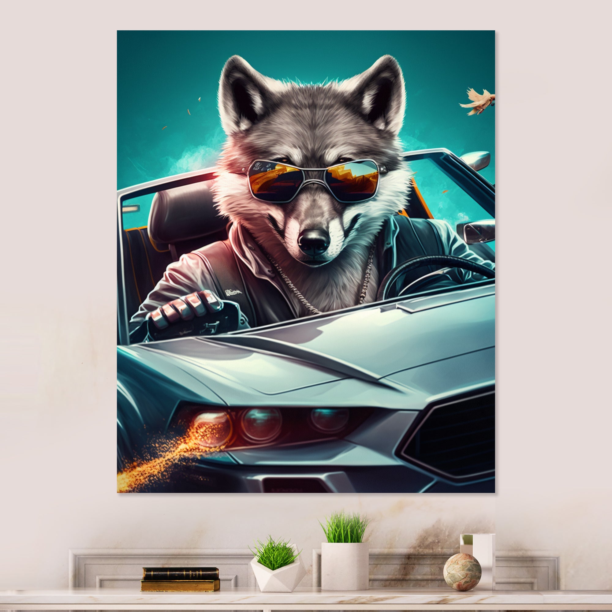 Grey Wolf Wearing Sunglasses in Sportscar - Wolf Wall Decor