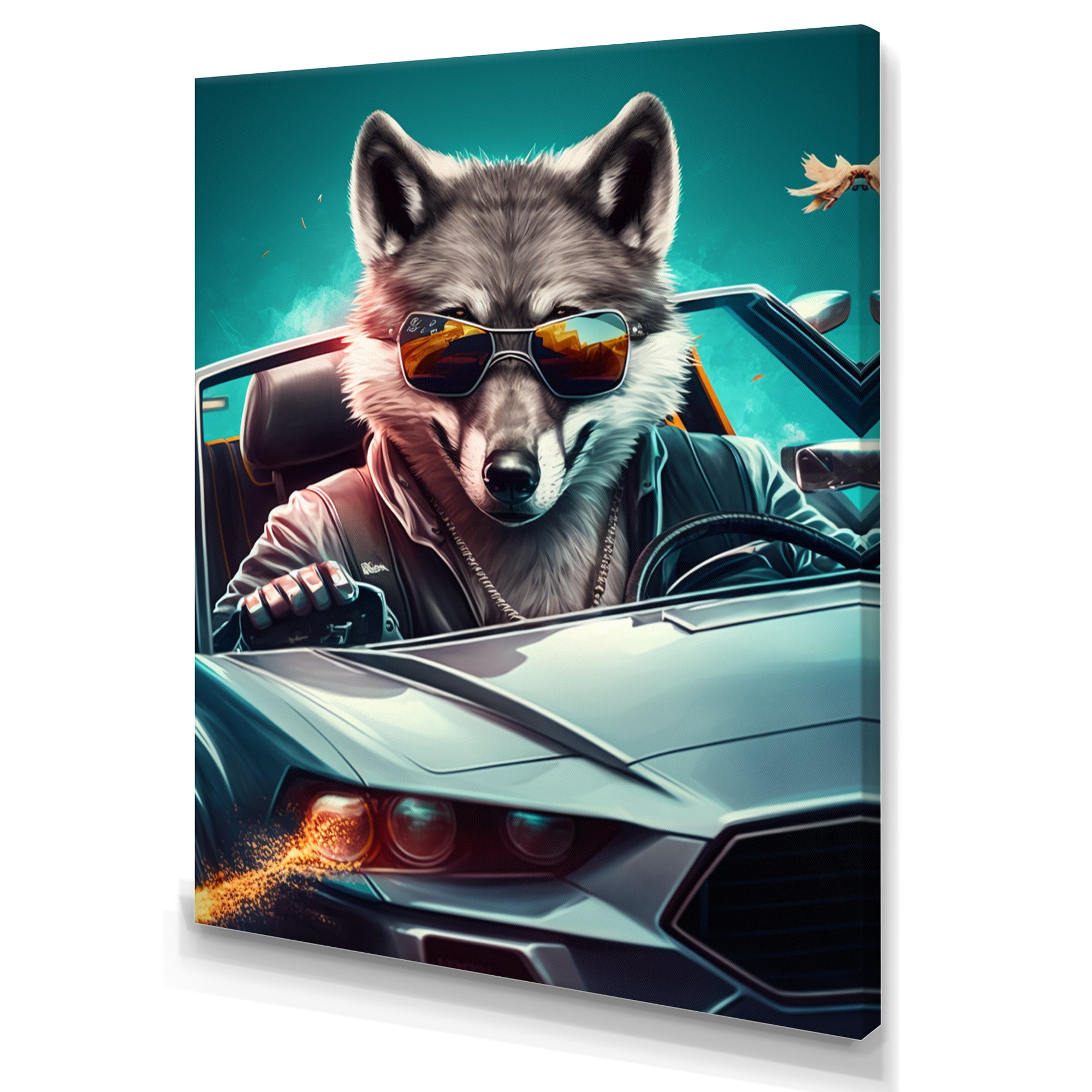 Grey Wolf Wearing Sunglasses in Sportscar - Wolf Wall Decor