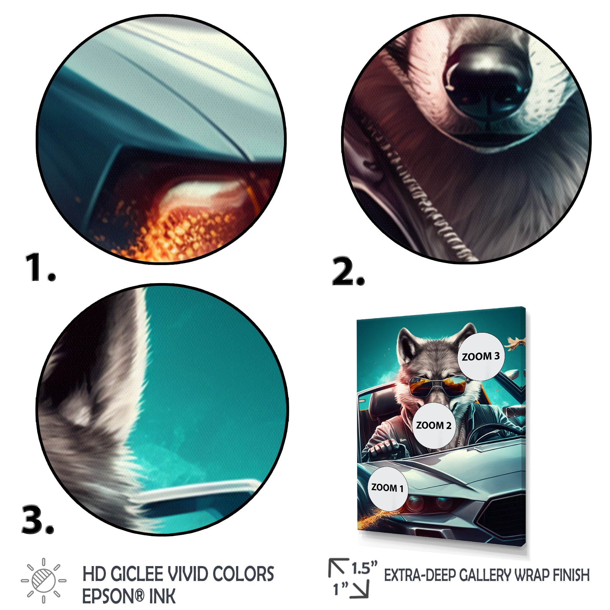 Grey Wolf Wearing Sunglasses in Sportscar - Wolf Wall Decor