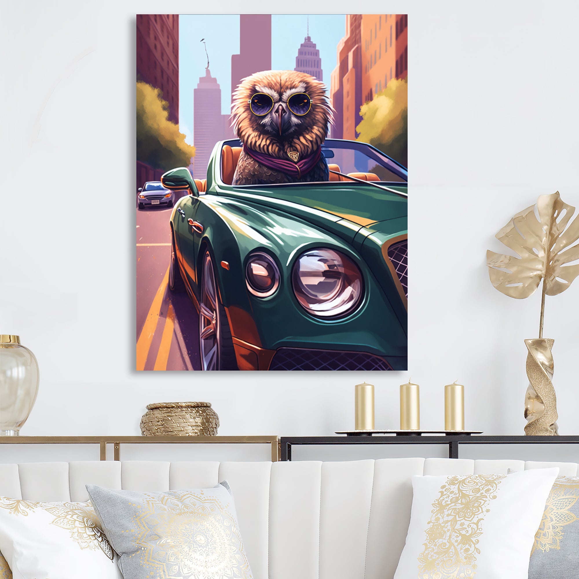 Brown Bird Wearing Sunglasses In Sportscar - Bird Fashion Wall Art Prints