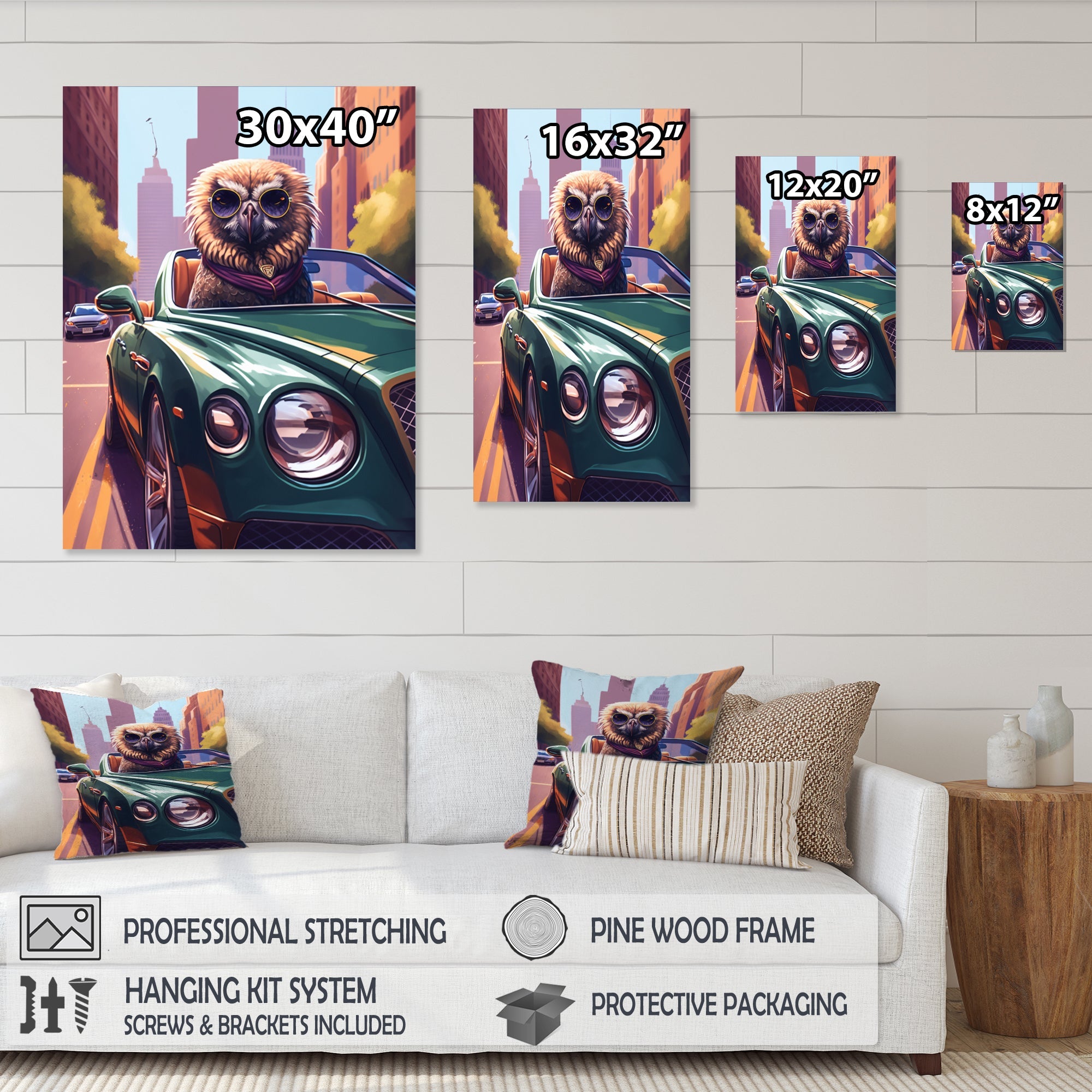 Brown Bird Wearing Sunglasses In Sportscar - Bird Fashion Wall Art Prints