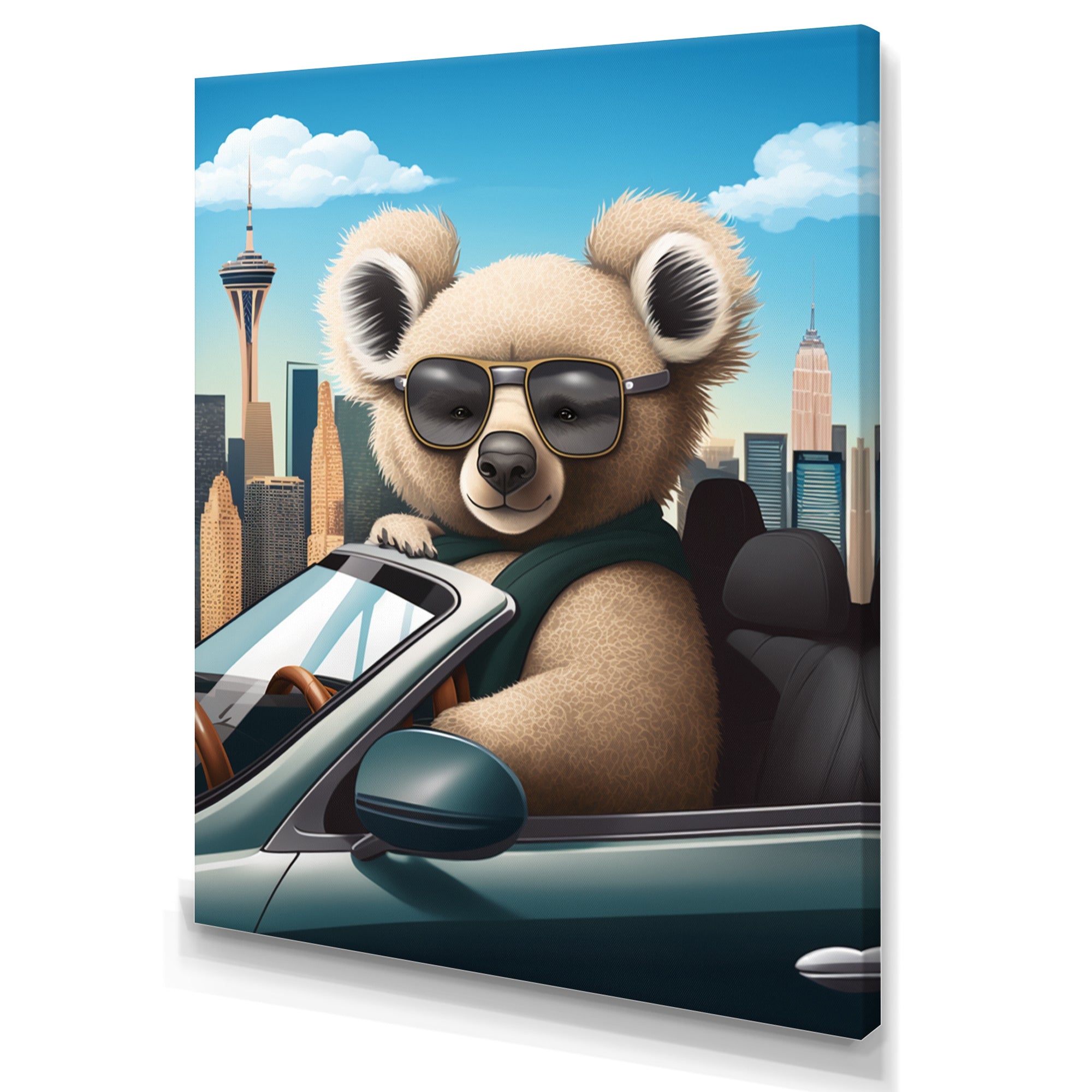 Grey Koala Wearing Sunglasses In Sportscar - Gray Koala Wall Art
