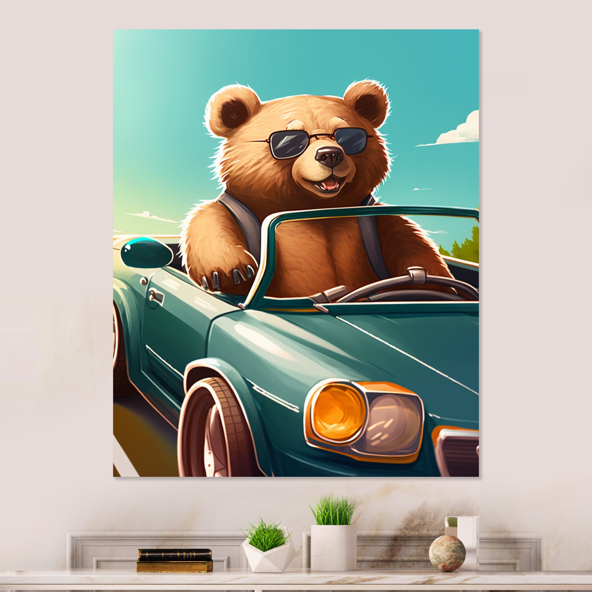 Brown Bear Wearing Sunglasses In Sportscar - Bear Fashion Framed Canvas Art