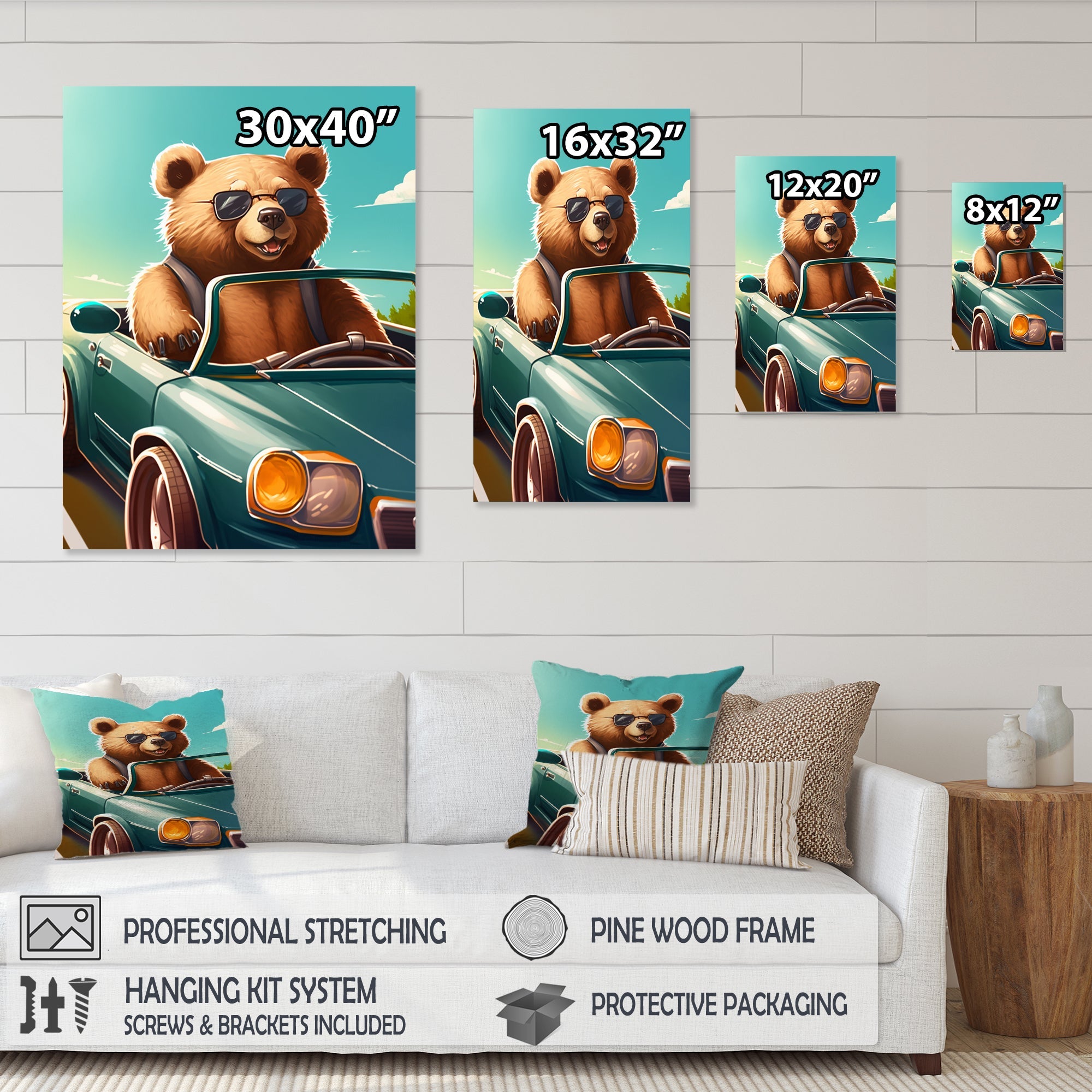 Brown Bear Wearing Sunglasses In Sportscar - Bear Fashion Framed Canvas Art