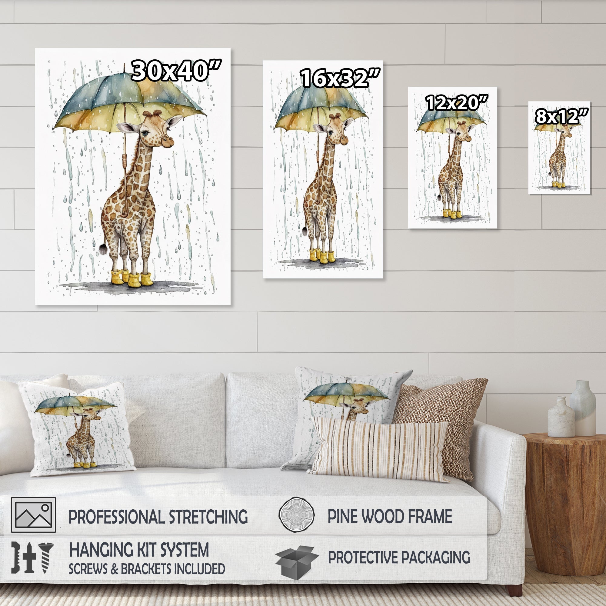 Cute Giraffe With Umbrella Rainy Day - Giraffe Wall Art Prints