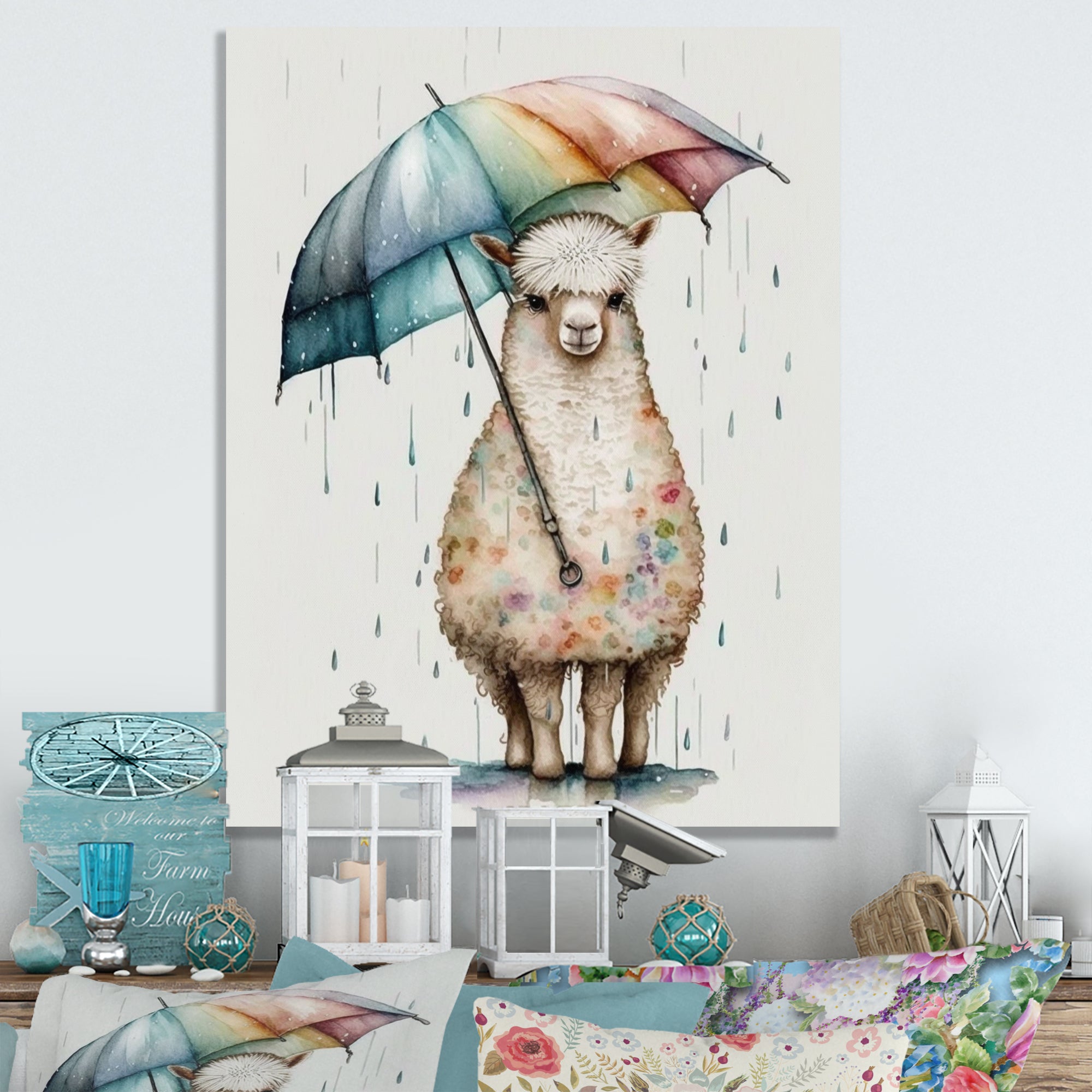 Cute Llama With Umbrella Rainy Day - Llama Wall Art Prints