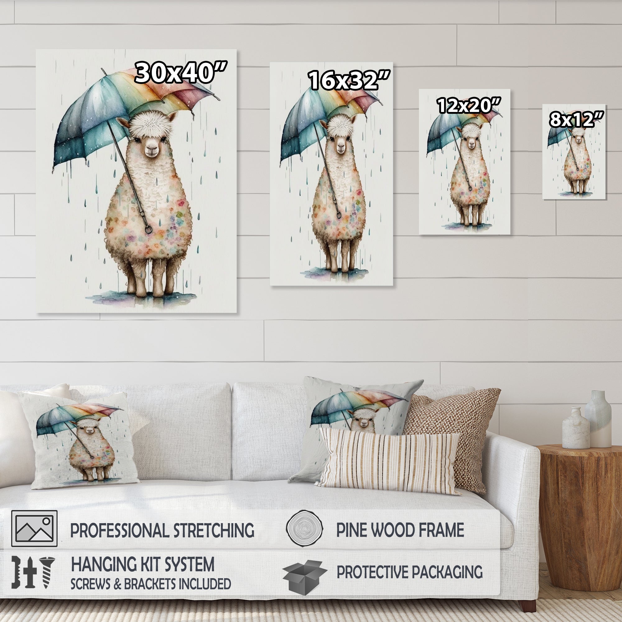 Cute Llama With Umbrella Rainy Day - Llama Wall Art Prints