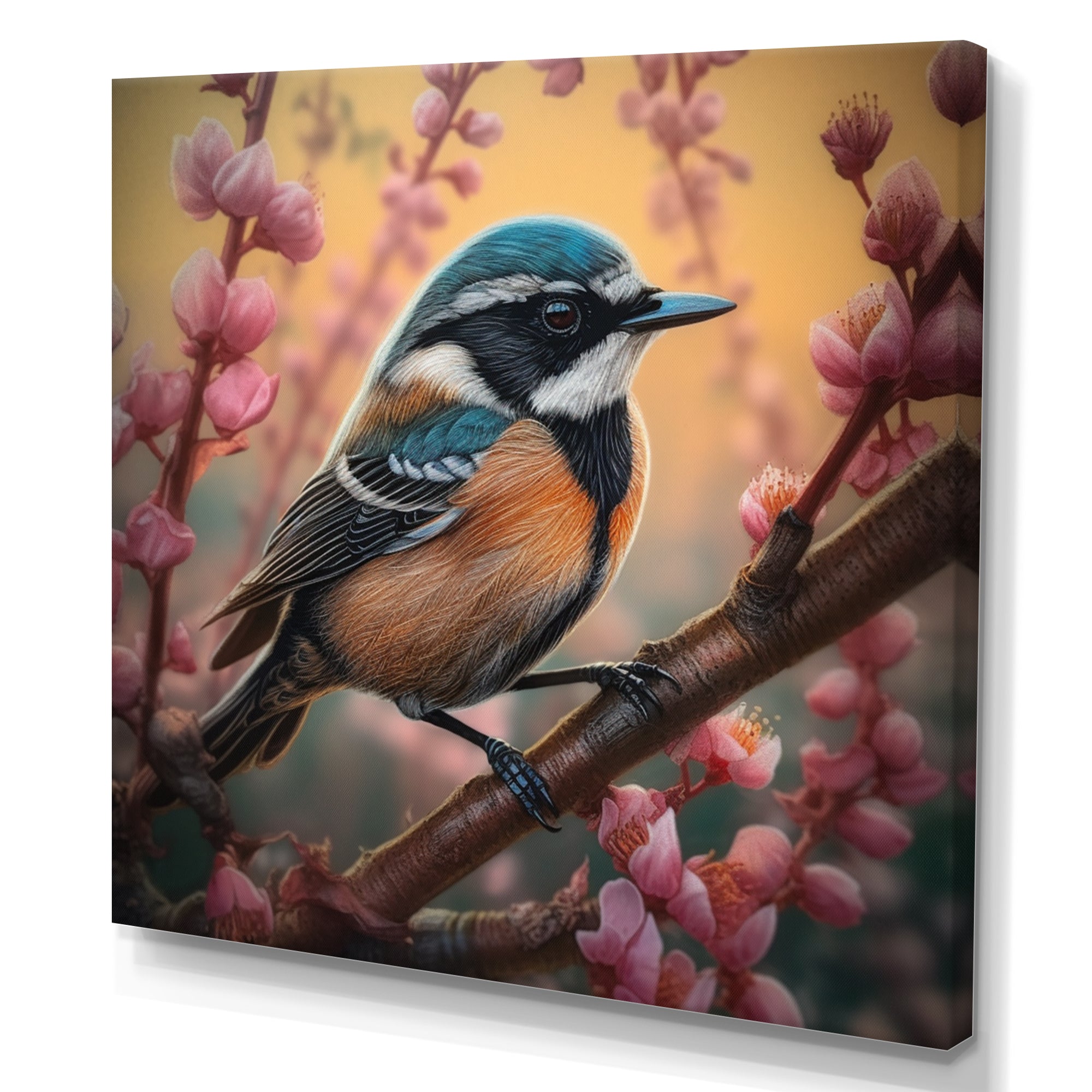 Blue Bird On A Branch - Bird Floral Framed Canvas Art