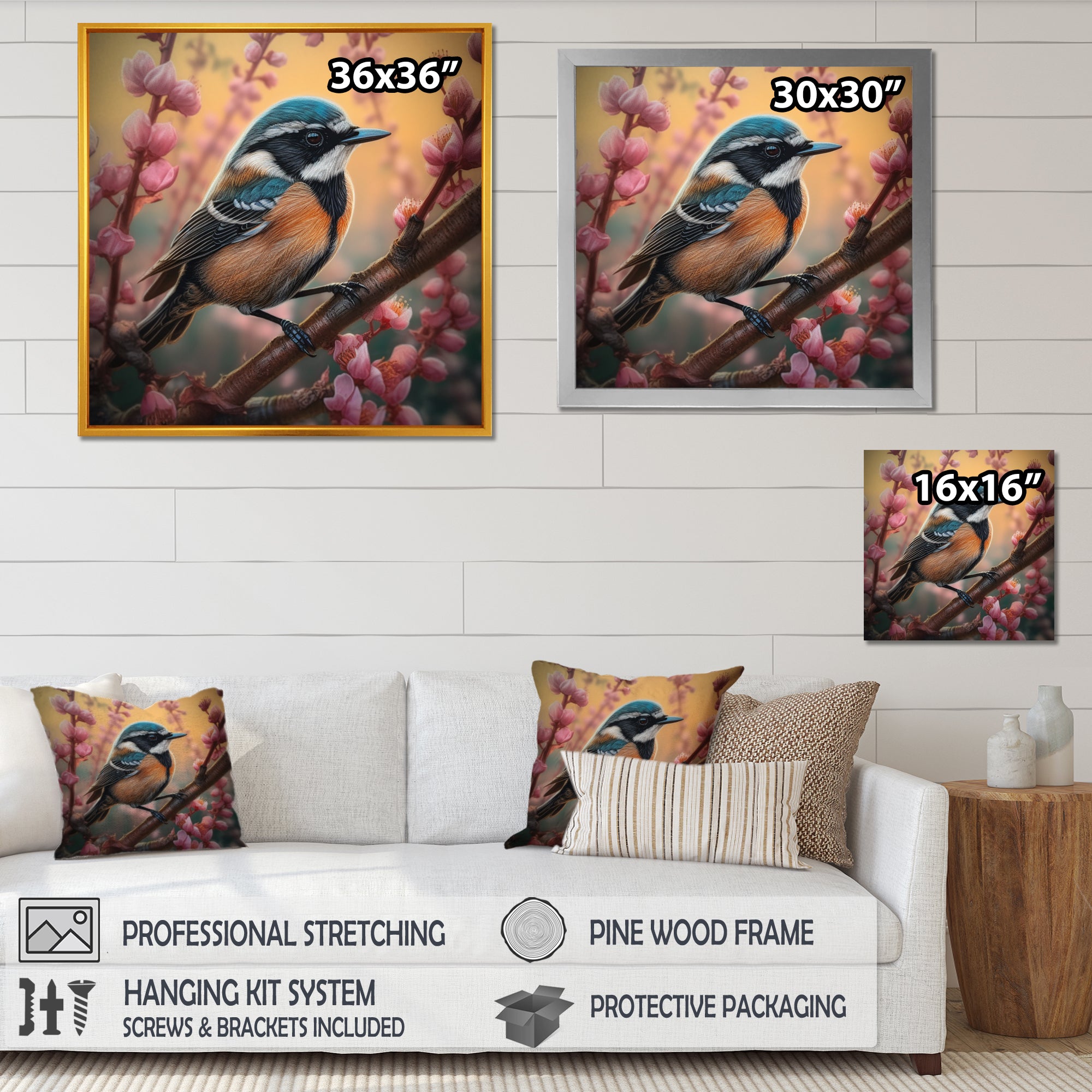 Blue Bird On A Branch - Bird Floral Framed Canvas Art