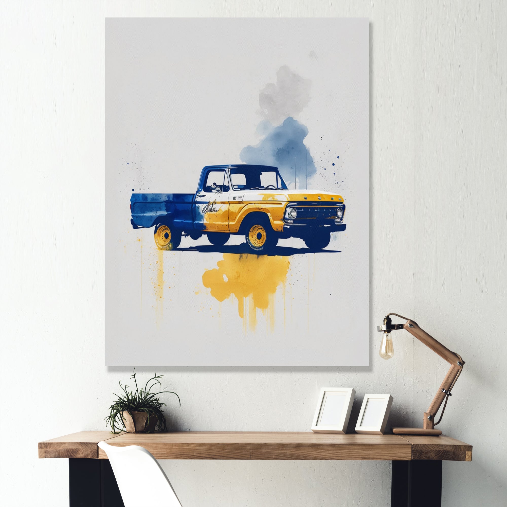 Blue And Yellow Retro Car Treasures - Pickup Truck Canvas Wall Art