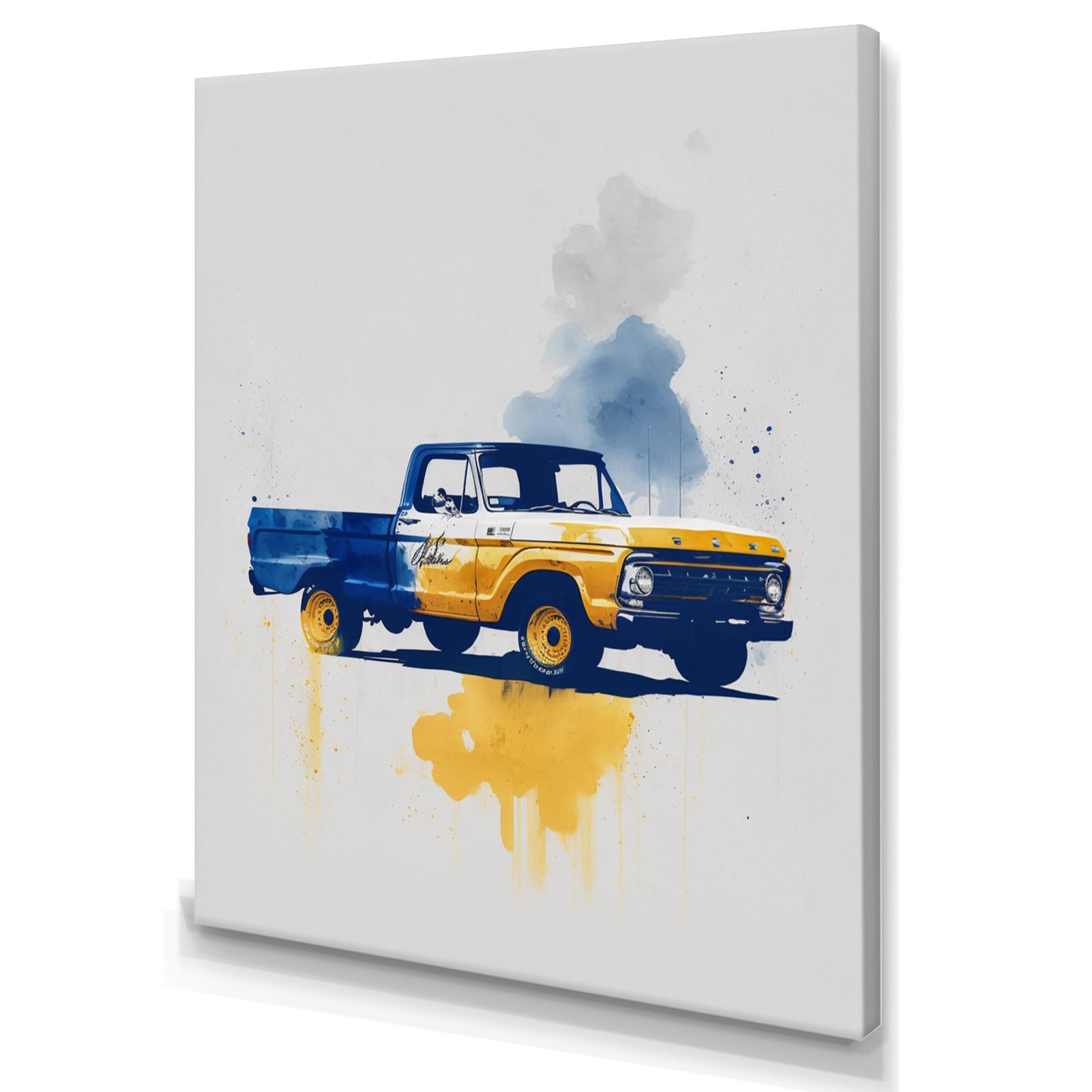 Blue And Yellow Retro Car Treasures - Pickup Truck Canvas Wall Art