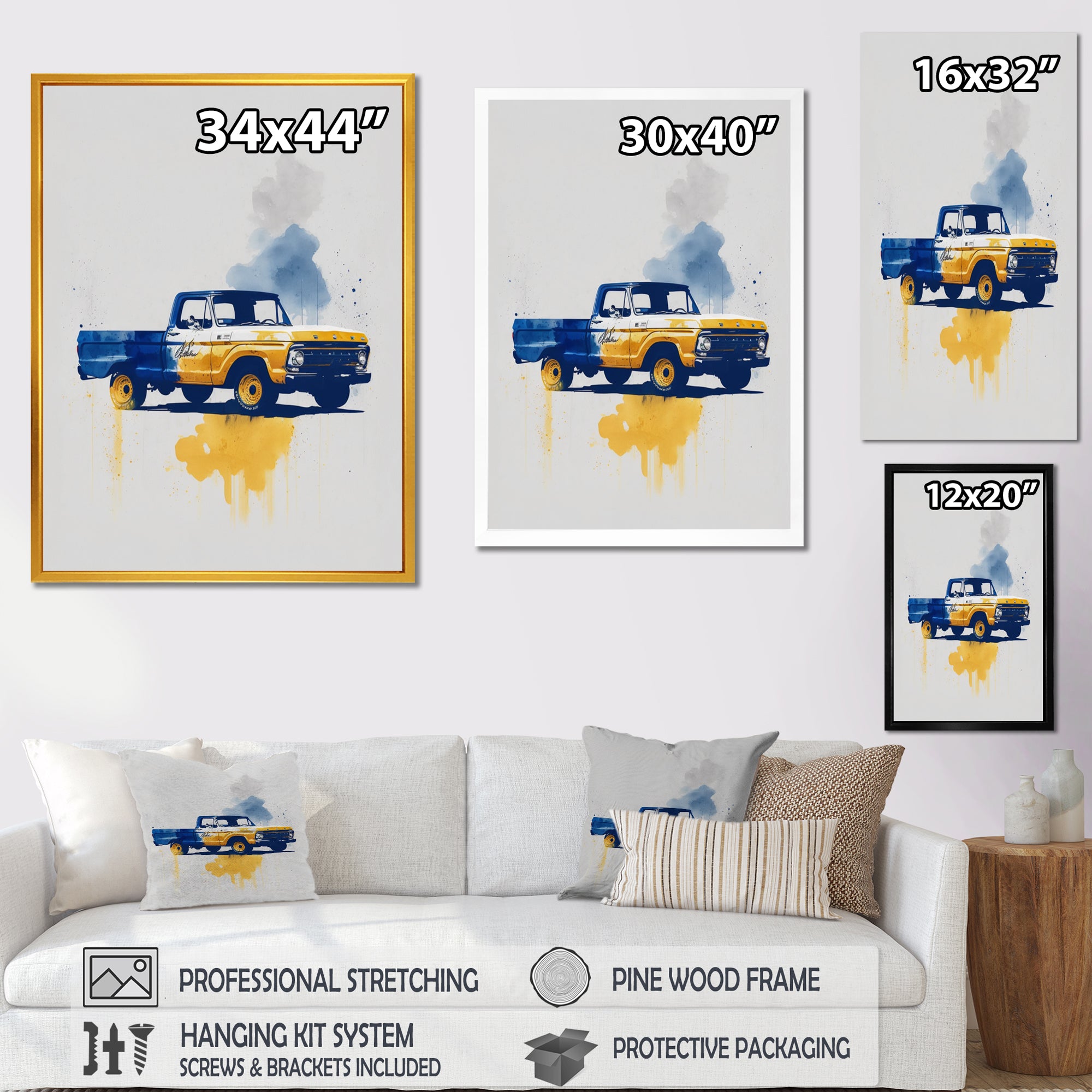 Blue And Yellow Retro Car Treasures - Pickup Truck Canvas Wall Art
