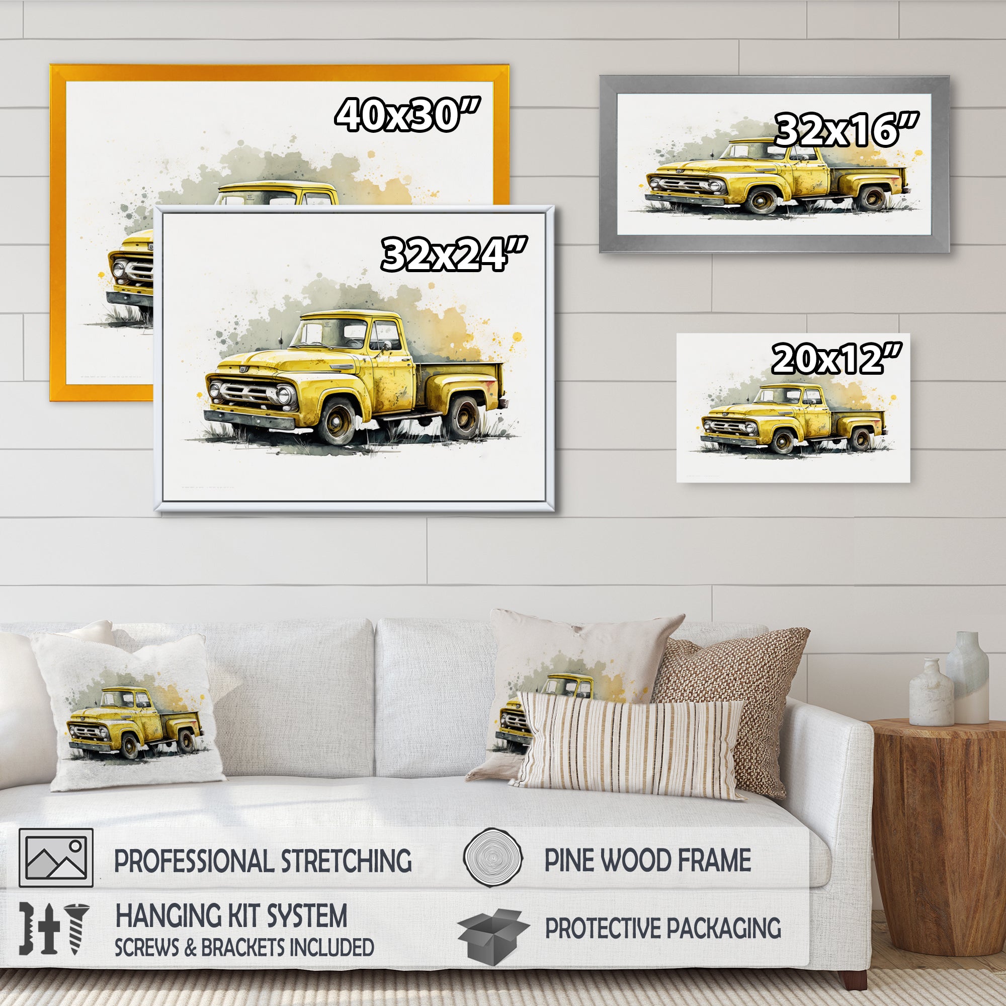 Yellow And Grey pickup truck - Pickup Truck Canvas Wall Art