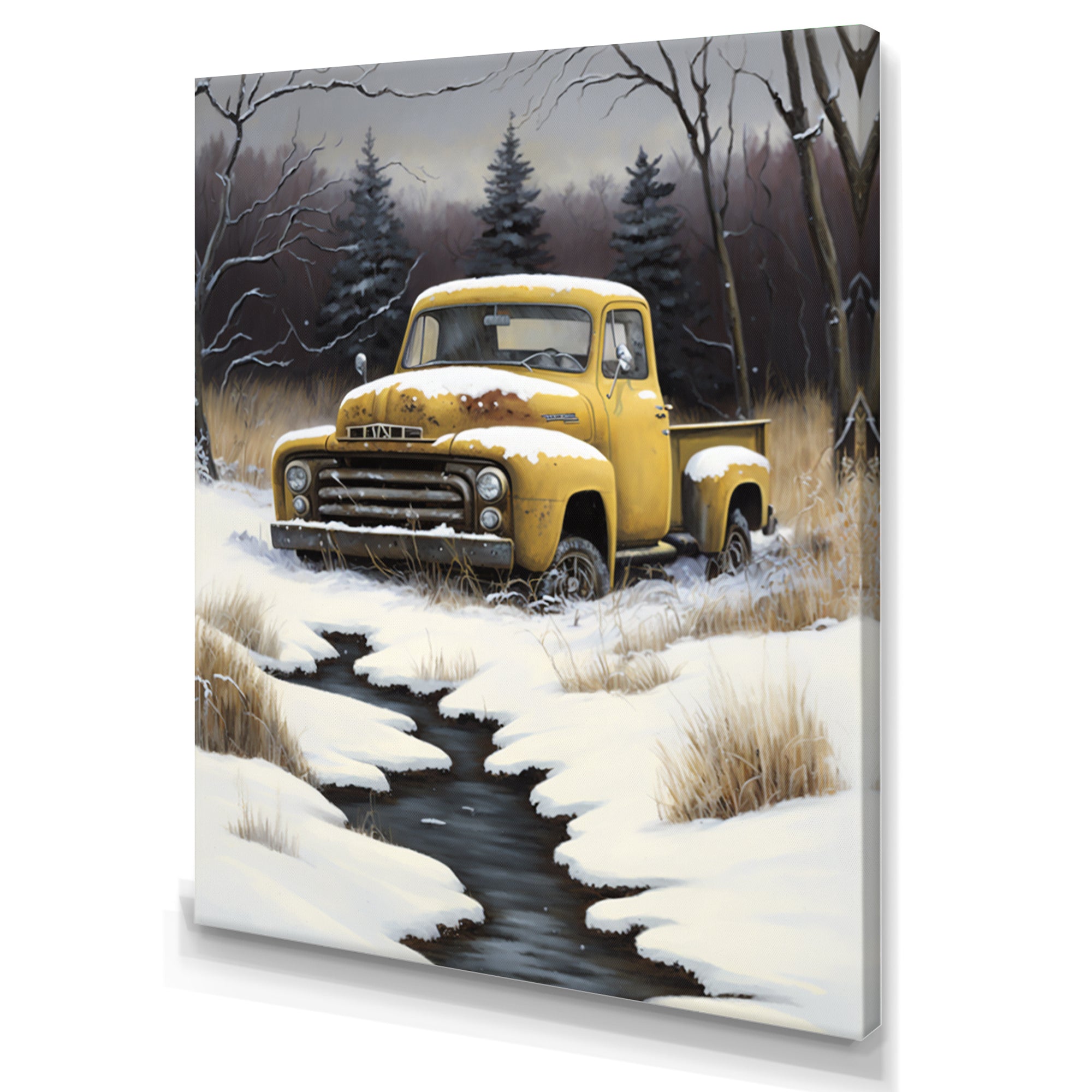 Yellow And Grey pickup truck in winter - Pickup Truck Canvas Wall Art