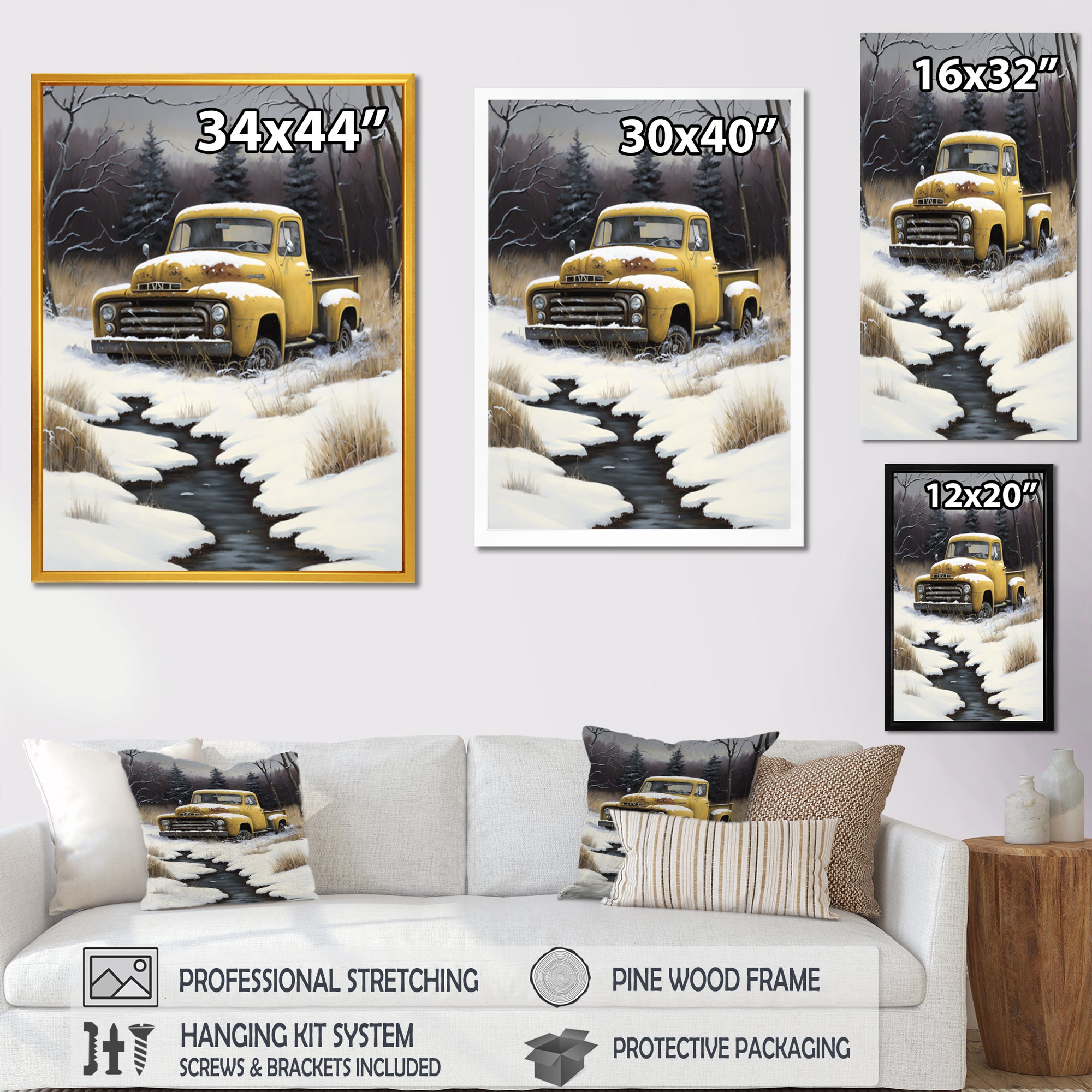 Yellow And Grey pickup truck in winter - Pickup Truck Canvas Wall Art