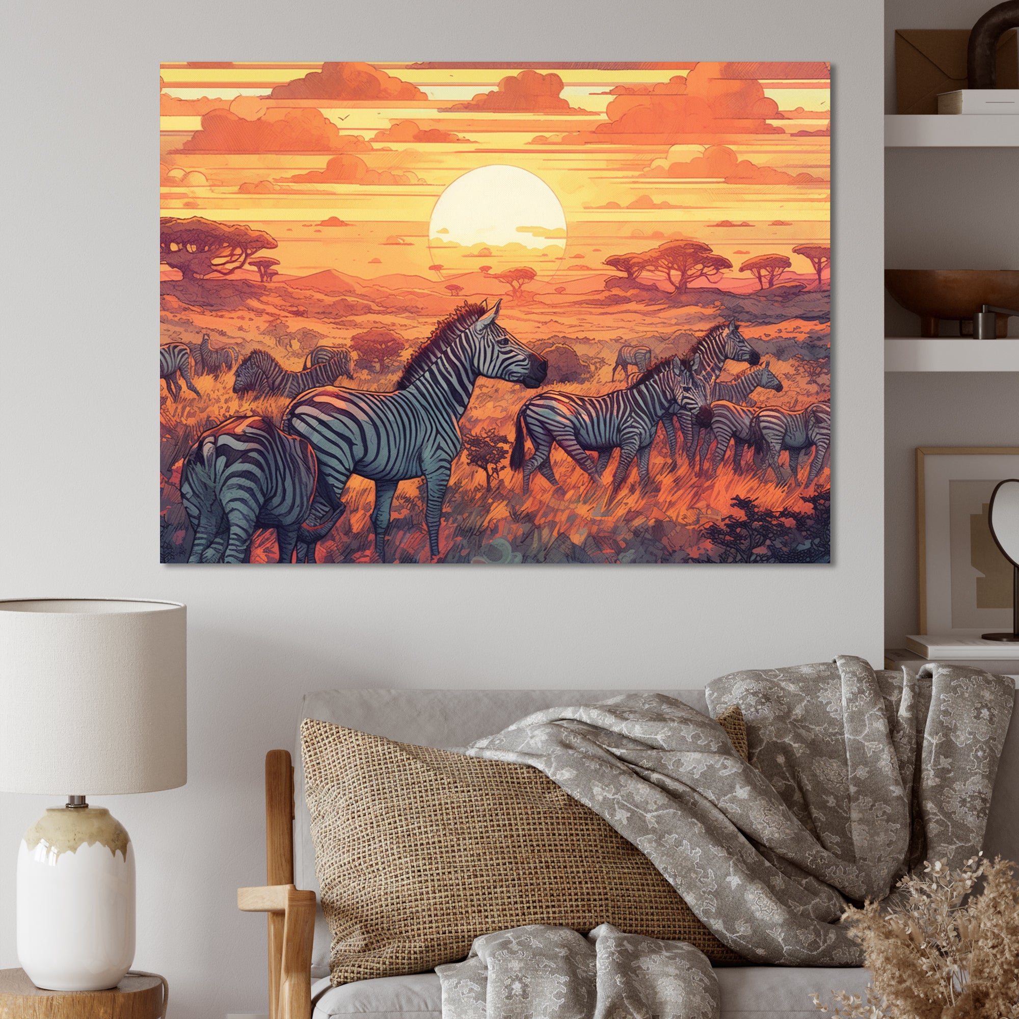 Orange African Safari With Zebras - Zebra Living Room Wall Art