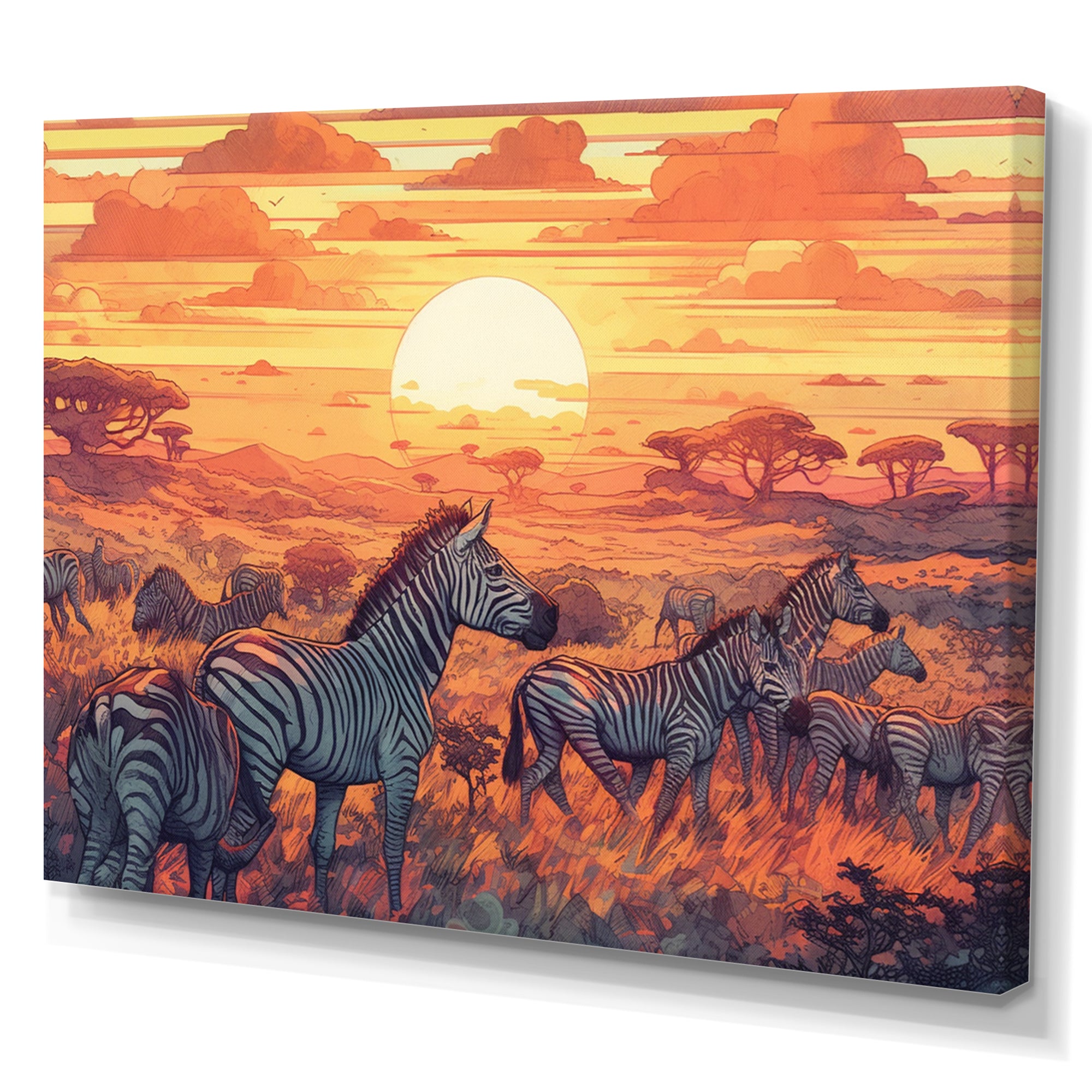Orange African Safari With Zebras - Zebra Living Room Wall Art