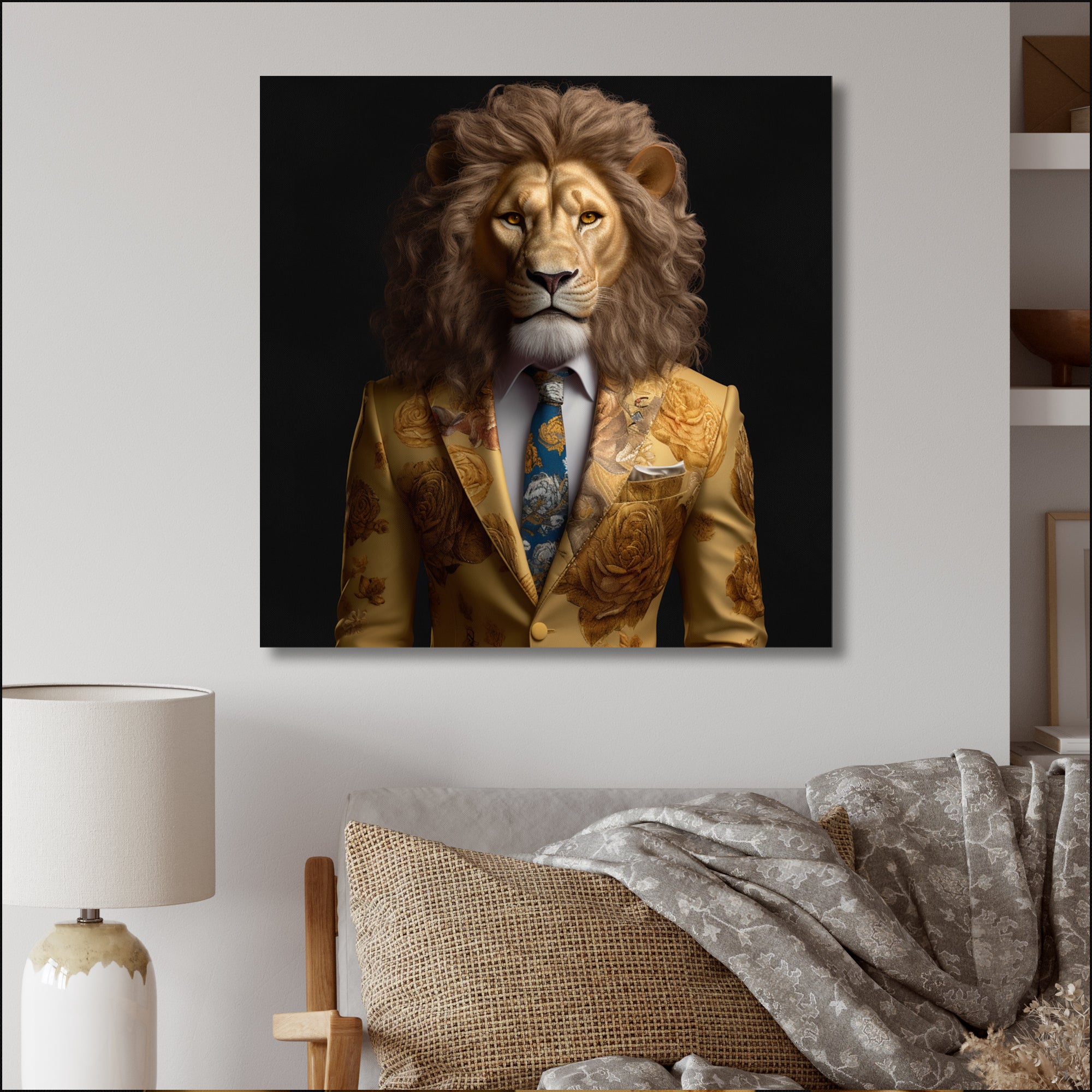 Yellow Lion In Suit - Lion Fashion Canvas Wall Art
