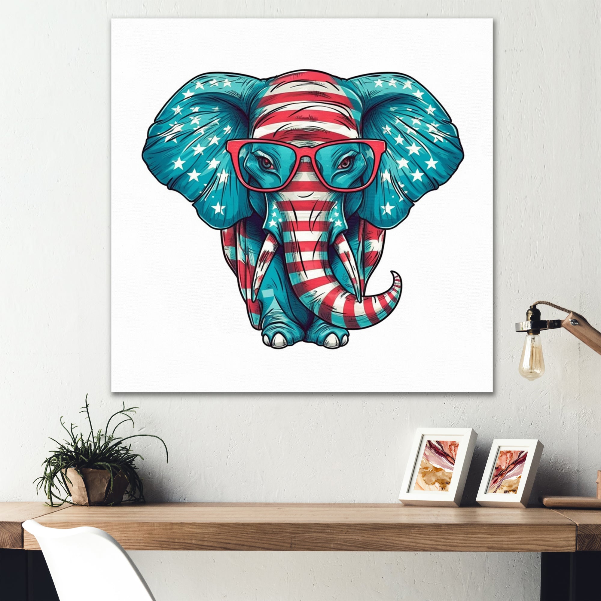 Blue Red Elephant With Glasses - Blue Elephant Fashion Wall Art
