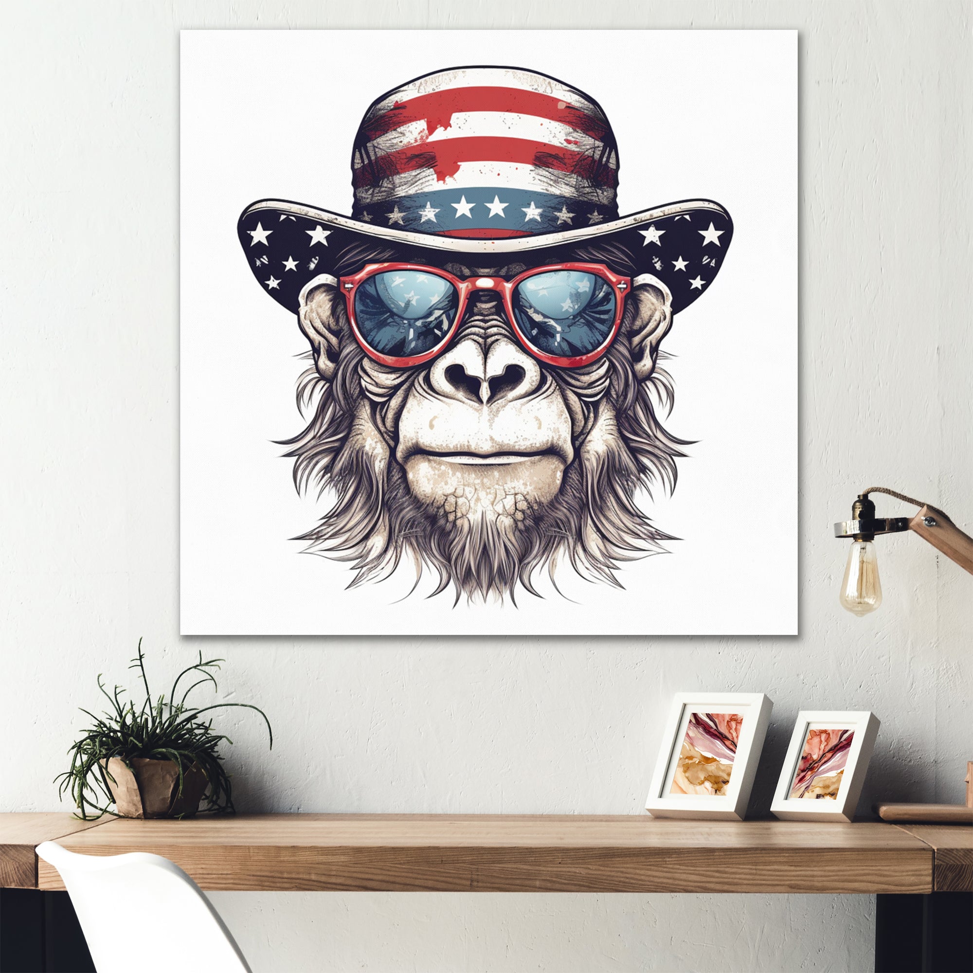 Red Blue Monkey With Sunglasses And Hat - Monkey Fashion Home Decor Art