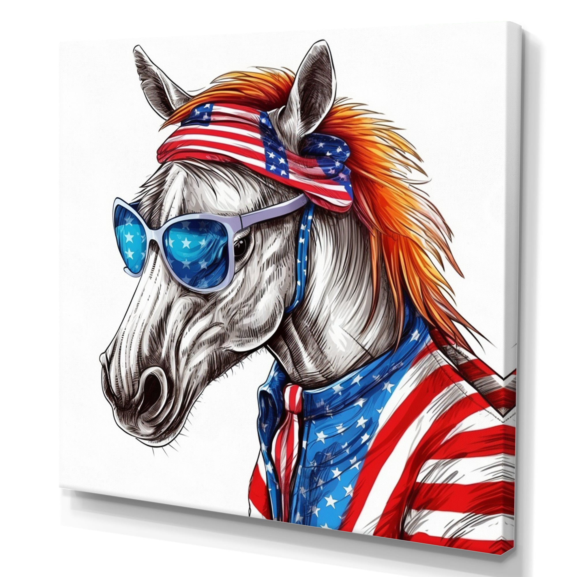 Red Blue Horse With Sunglasses And Shirt - Horse Bedroom Wall Art
