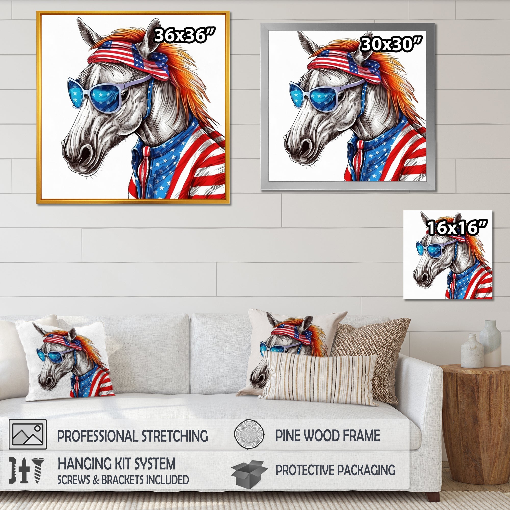 Red Blue Horse With Sunglasses And Shirt - Horse Bedroom Wall Art