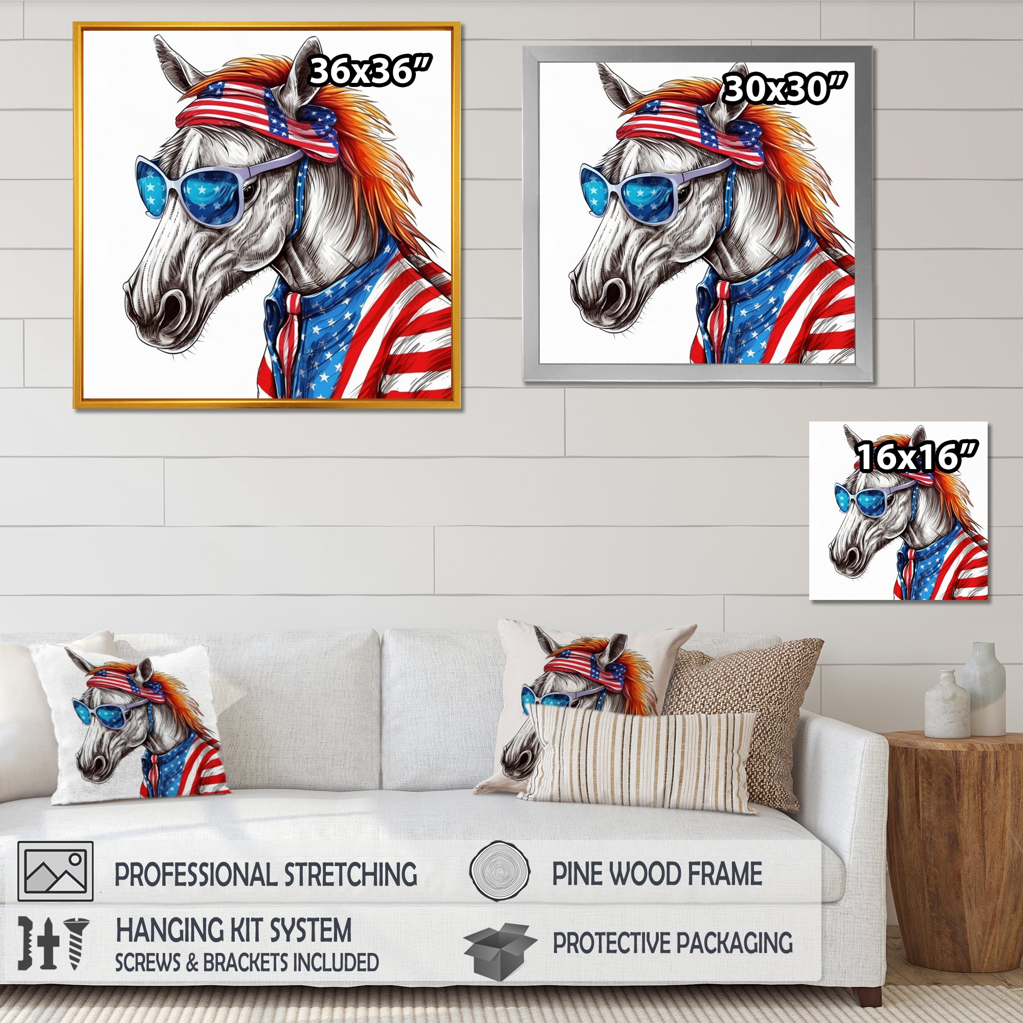 Red Blue Horse With Sunglasses And Shirt - Horse Bedroom Wall Art