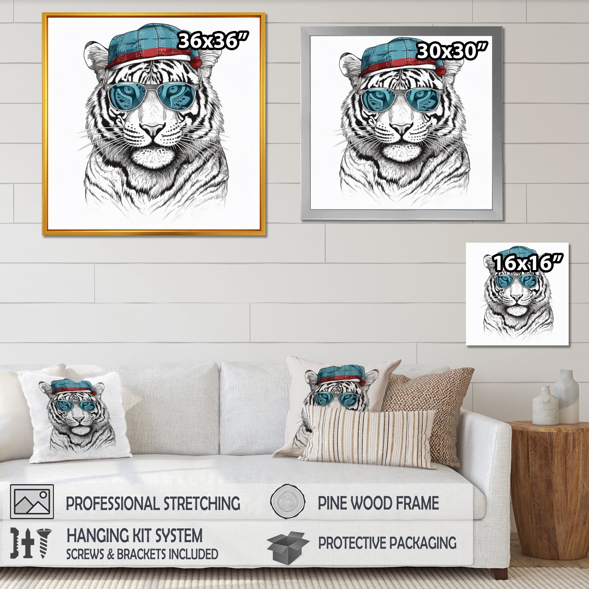 Blue Grey Tiger With Sunglasses - Tiger Fashion Canvas Wall Art
