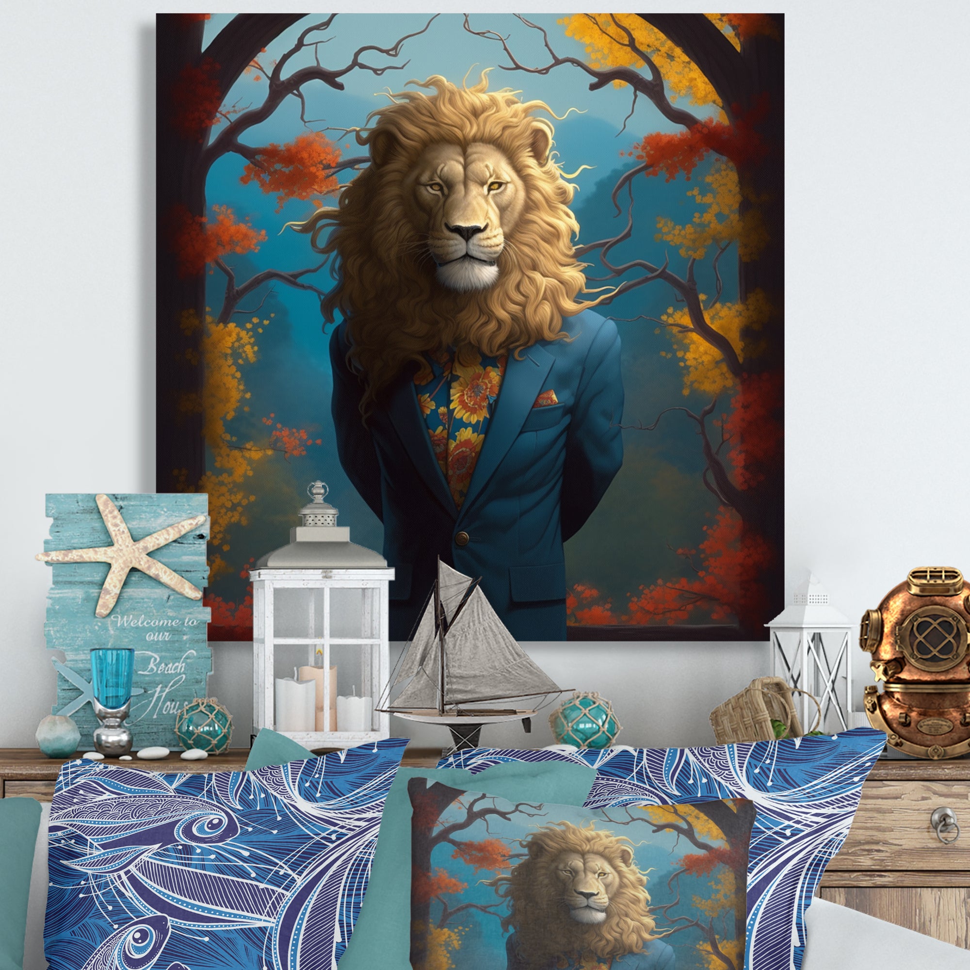 Yellow Blue Lion In Suit - Yellow Lion Wall Art