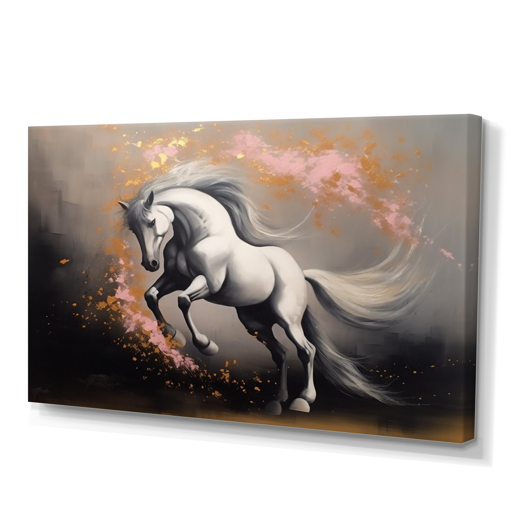 White Pink horse On The Run - Horse Framed Canvas Art