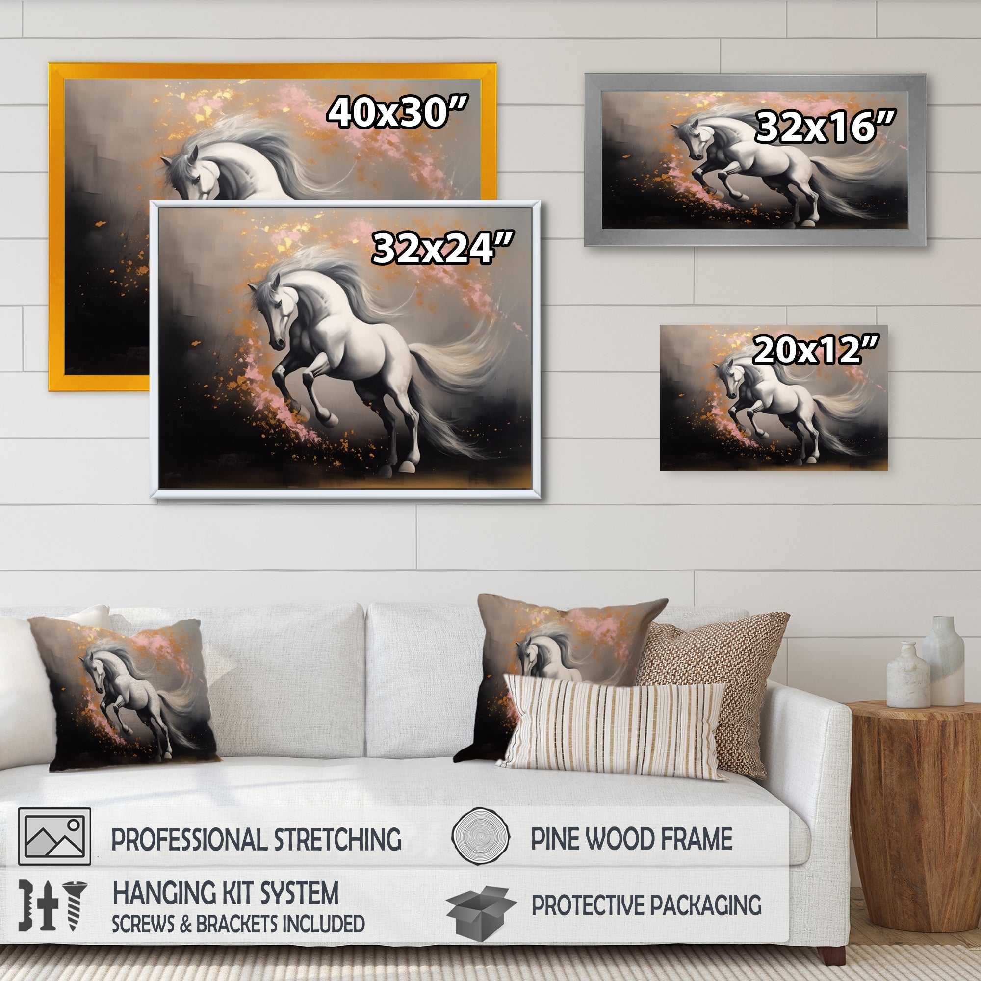 White Pink horse On The Run - Horse Framed Canvas Art