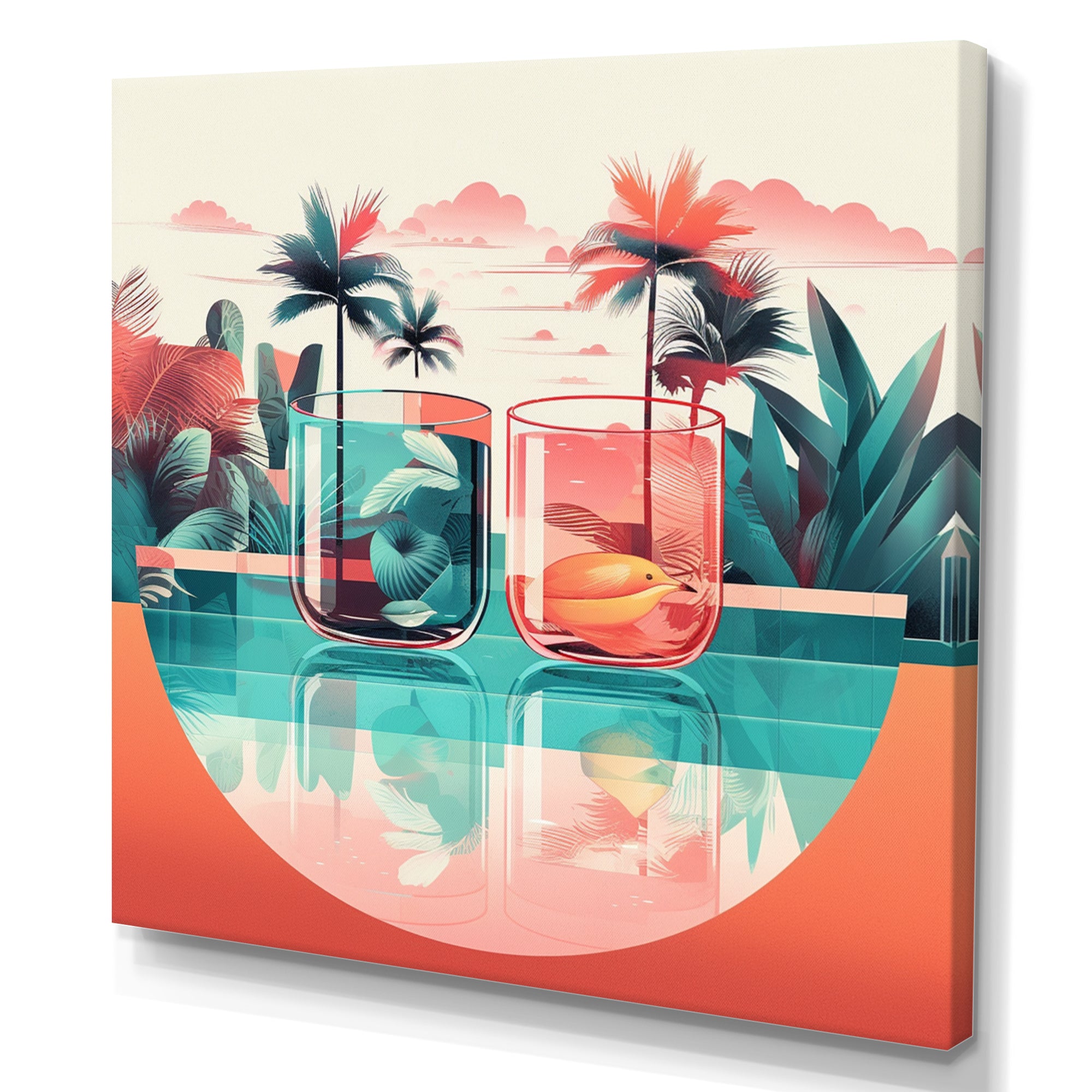 Orange Green Tropical Drinks In Paradise - Flamingo Bedroom Wall Art