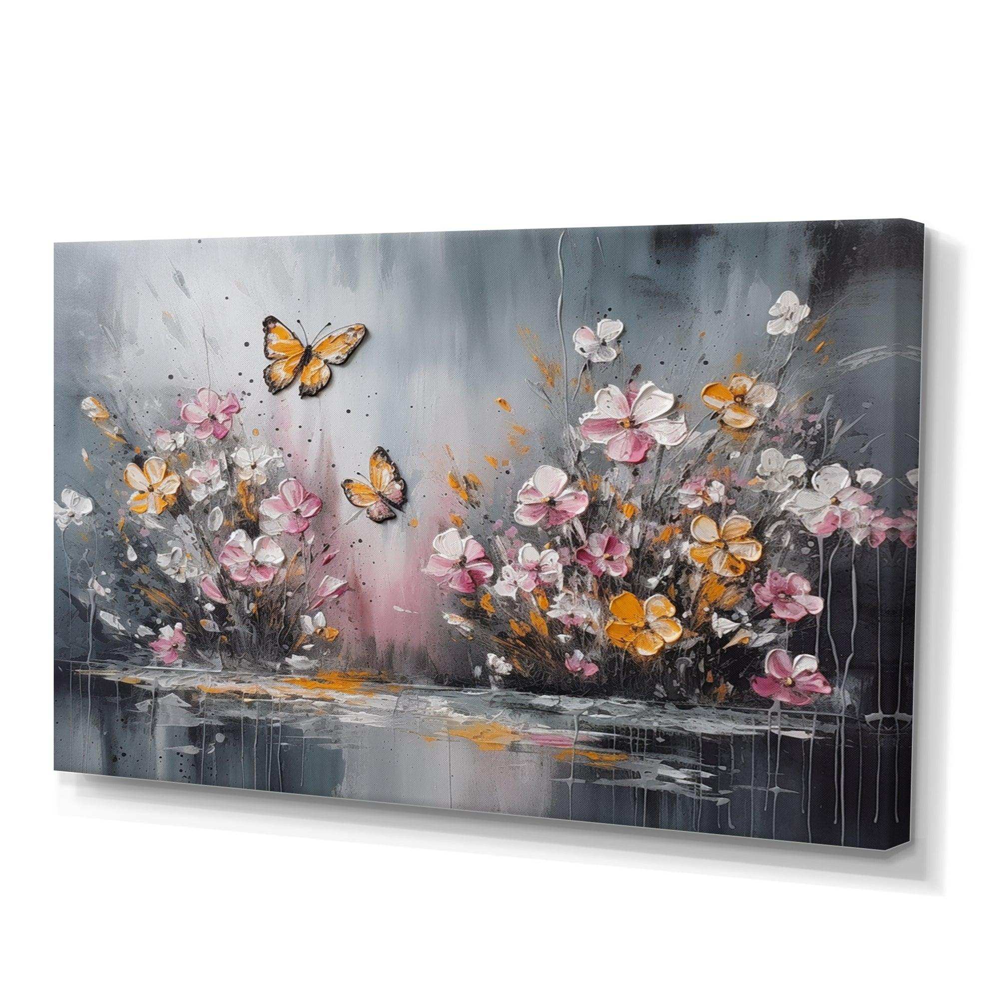 Flowers With White Butterflies II - Floral Canvas Wall Art