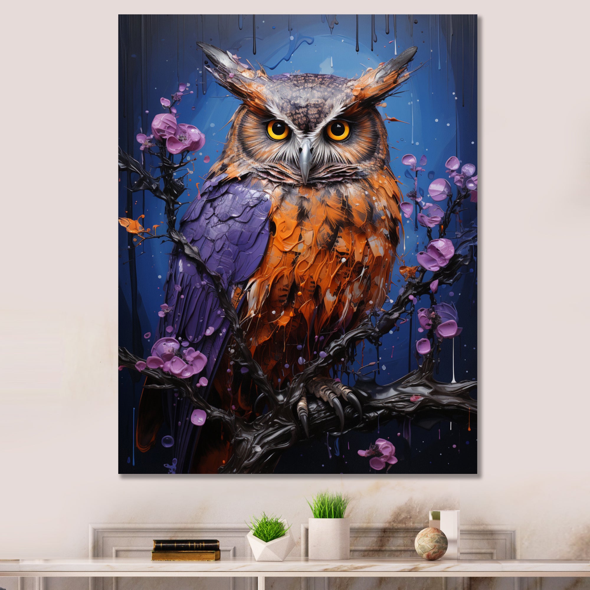 Purple Animal Amethyst Owl Drips - Owl Canvas Wall Art