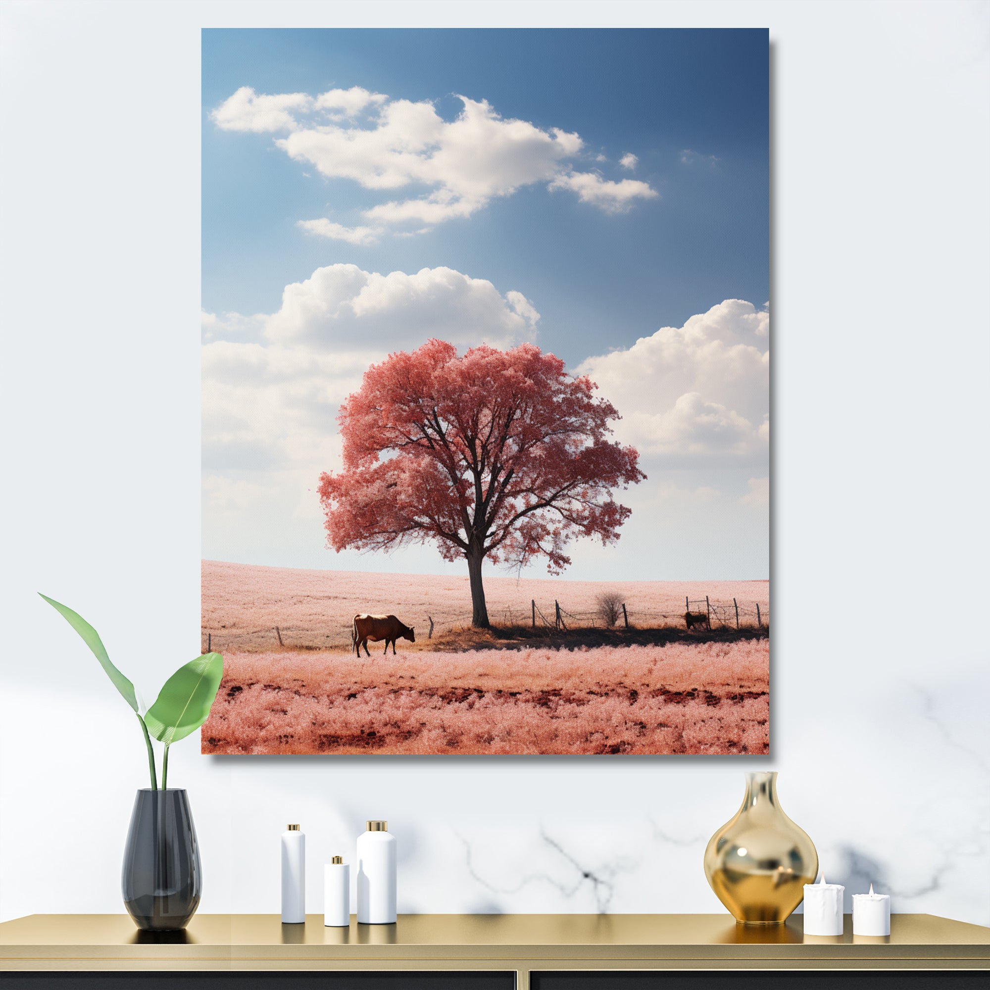 Pink Tree Tranquil Fields - Cow Wall Decor