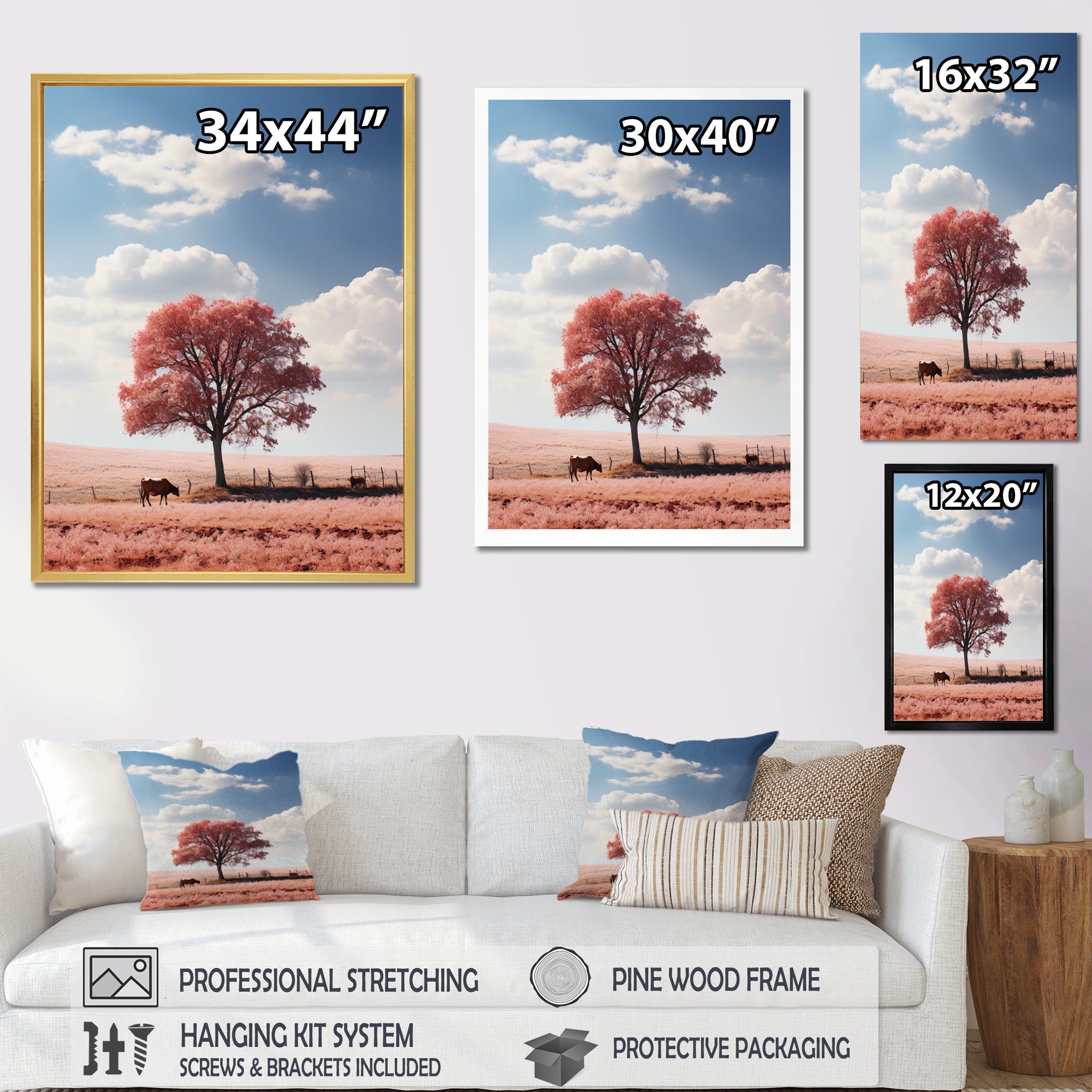 Pink Tree Tranquil Fields - Cow Wall Decor