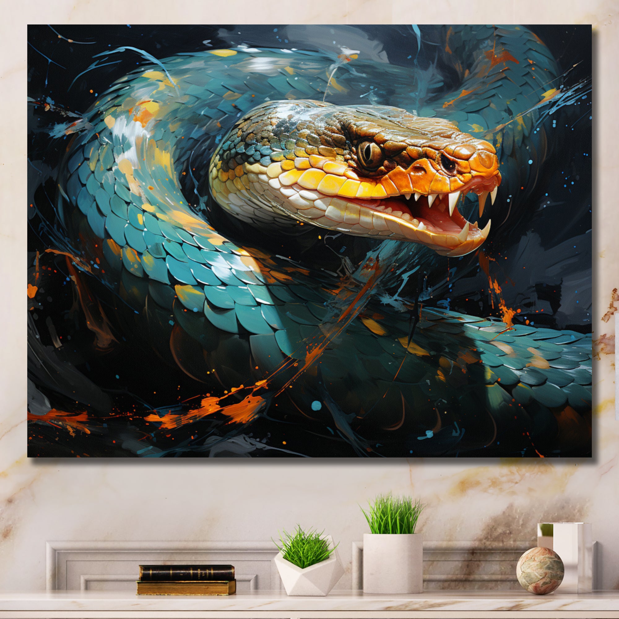Emerald Snake Intertwining - Teal Snake Wall Art