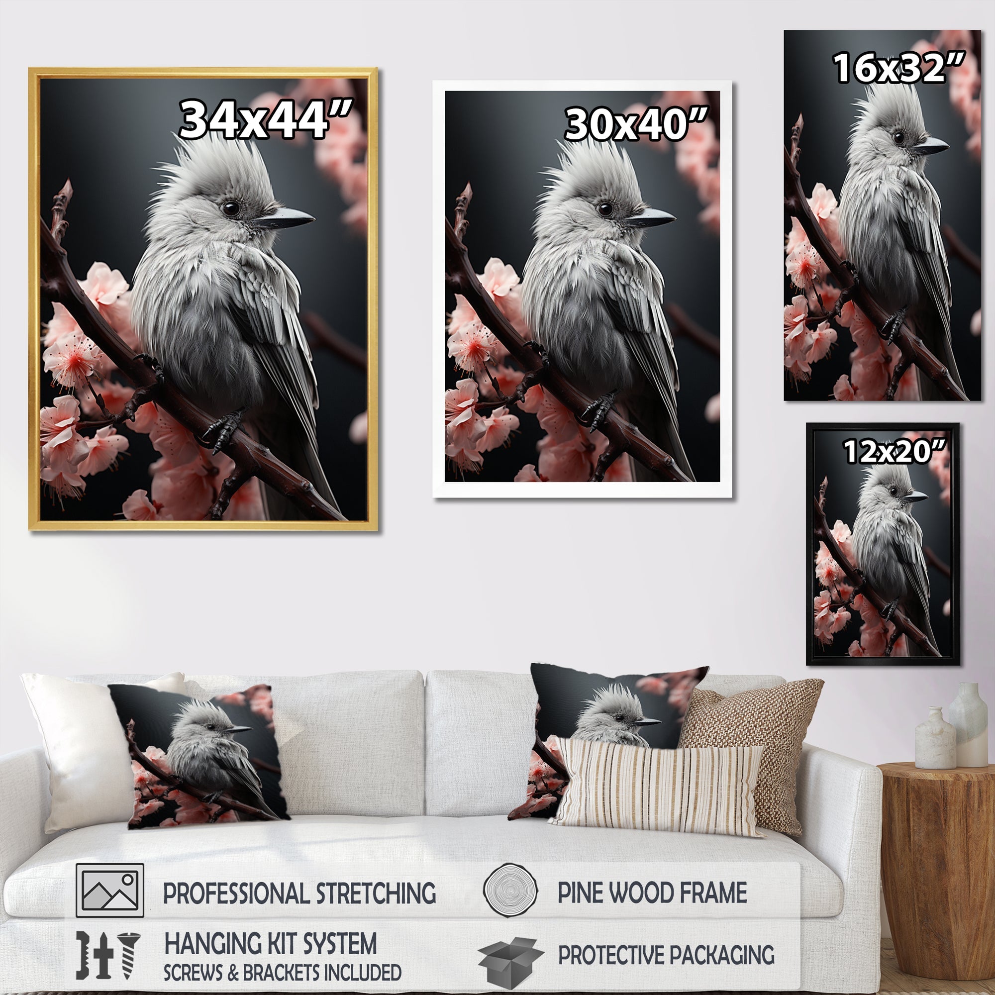 Grey Pink Animal Bird - Bird Floral Wall Decor
