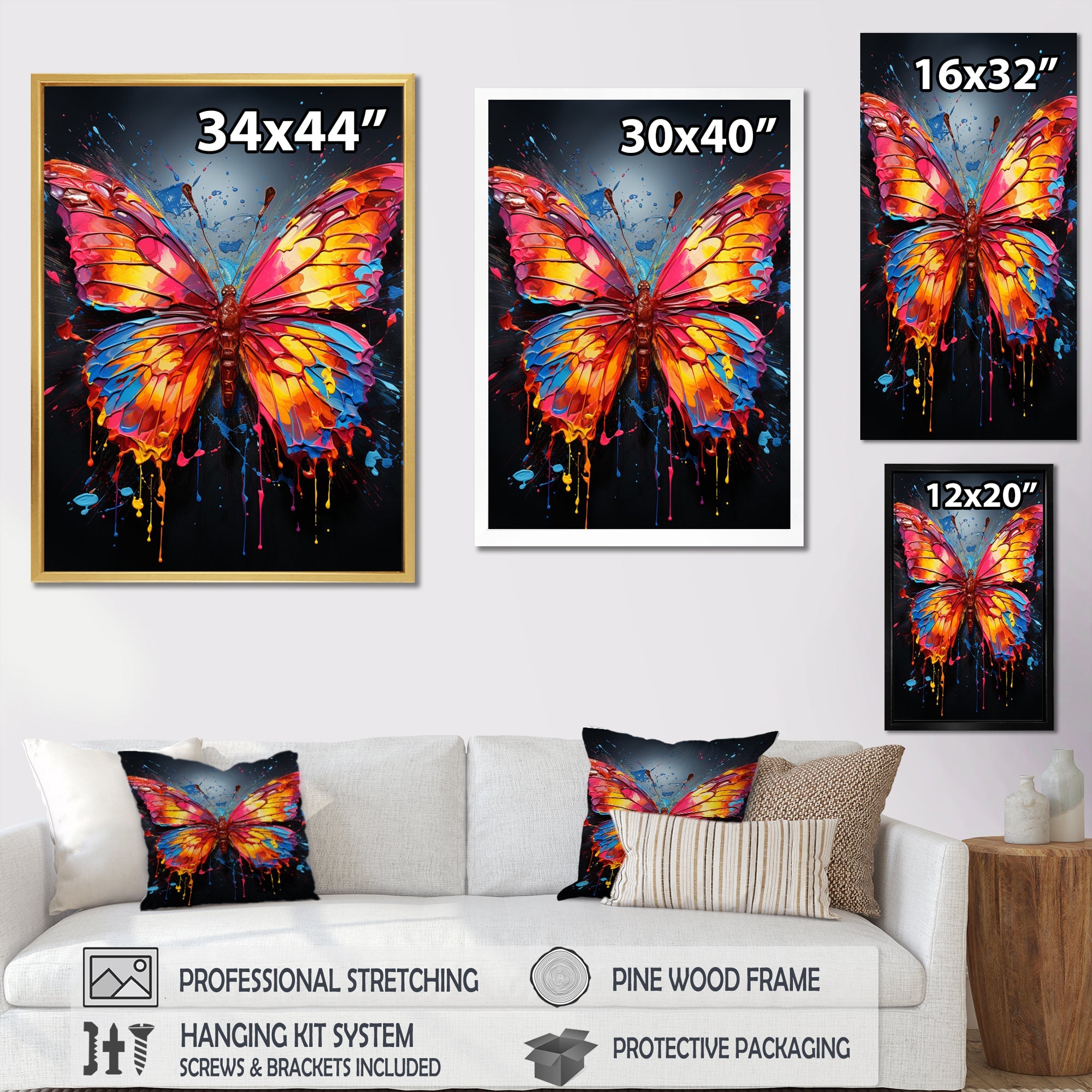 Coral Yellow Neon Butterfly Electric - Butterfly Framed Canvas Art