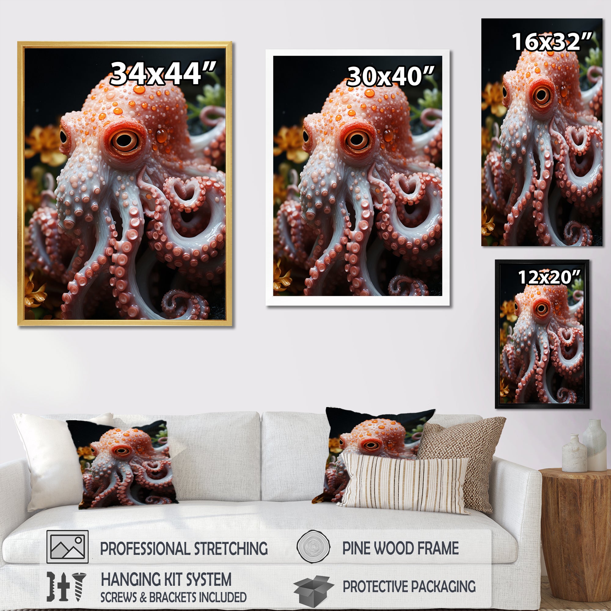 Coral Octopus Lunar Reflections - Octopus Living Room Wall Art