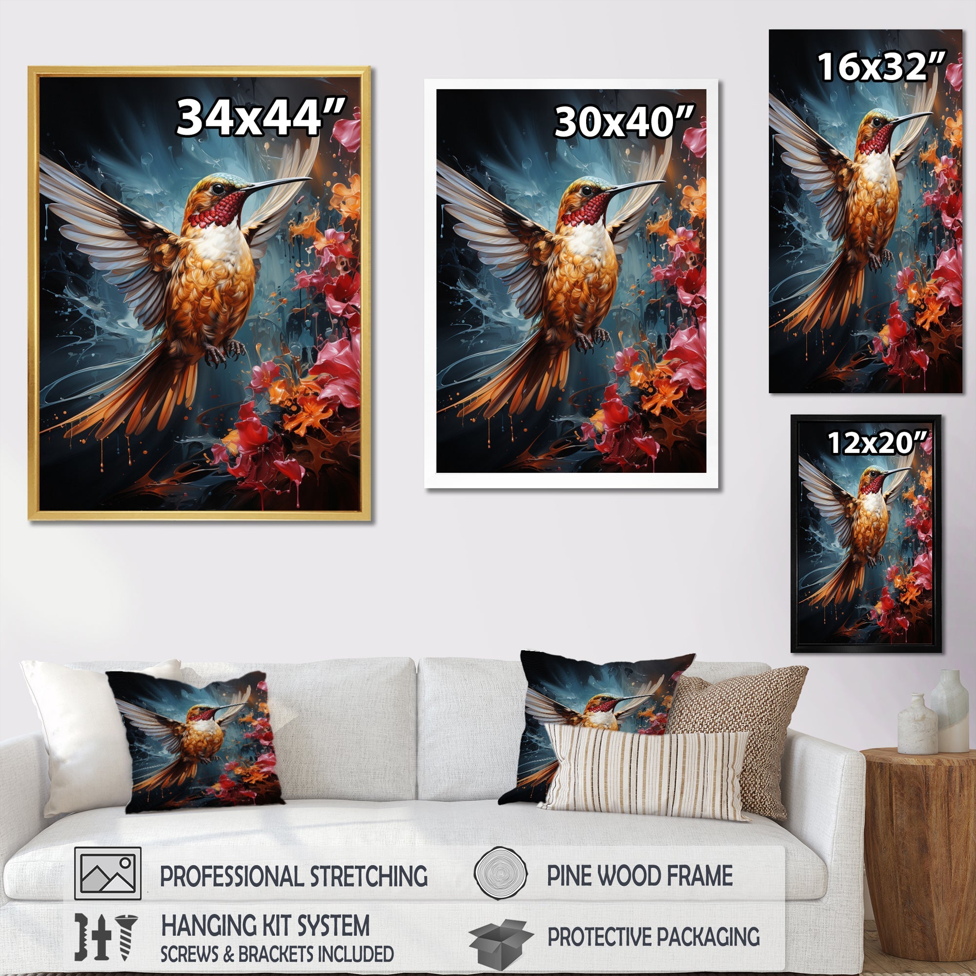 Teal Orange Animal Ruby Hummingbird Drips - Hummingbird Home Decor Art