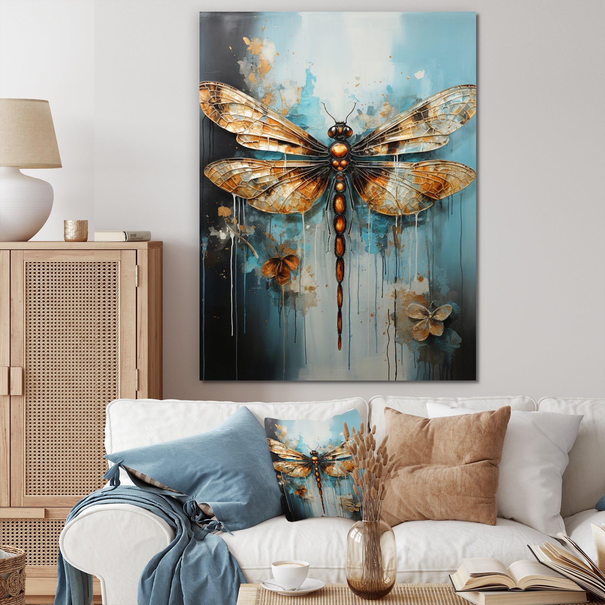 Gold Animal Turquoise Dragonfly Drips - Dragonfly Framed Canvas Art
