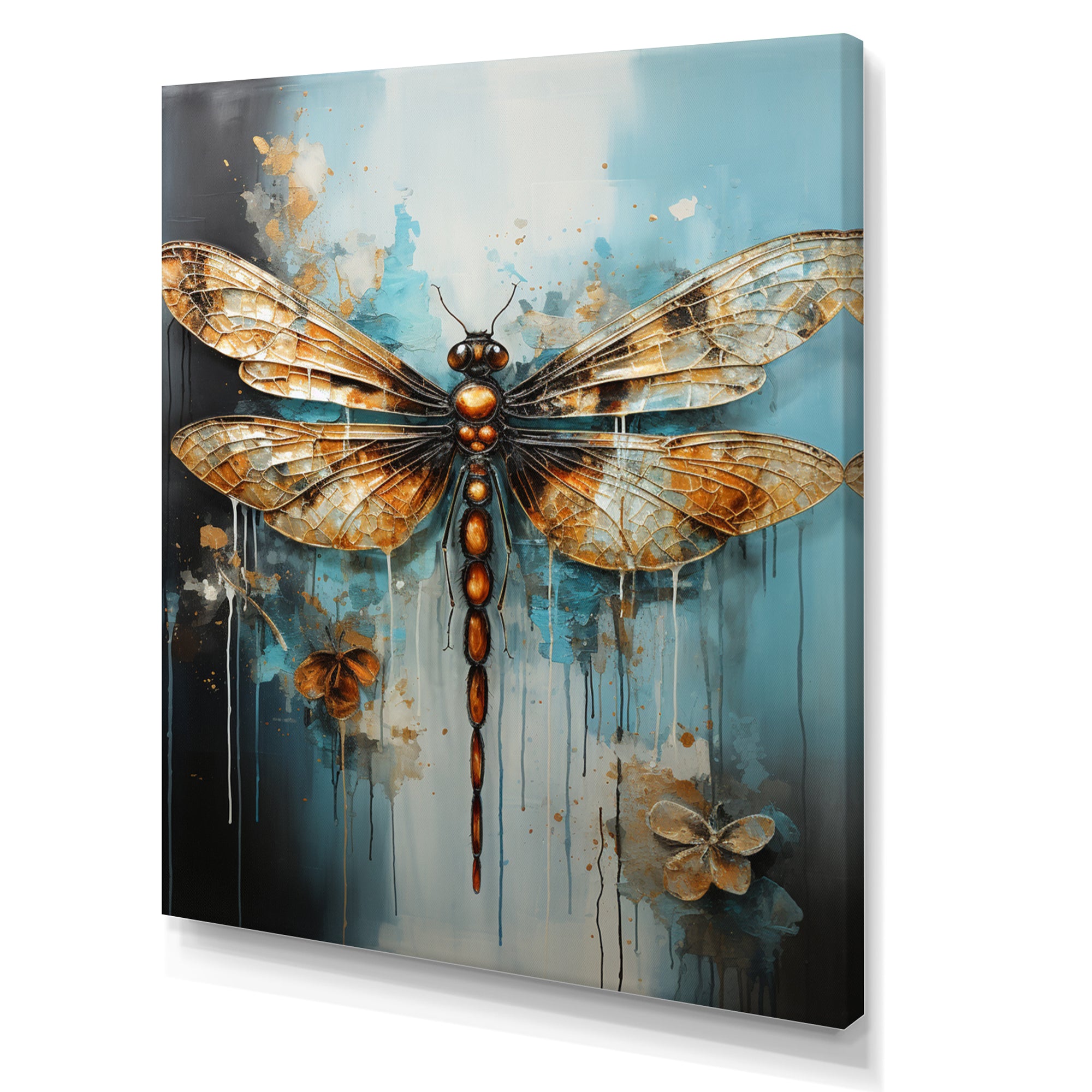 Gold Animal Turquoise Dragonfly Drips - Dragonfly Framed Canvas Art