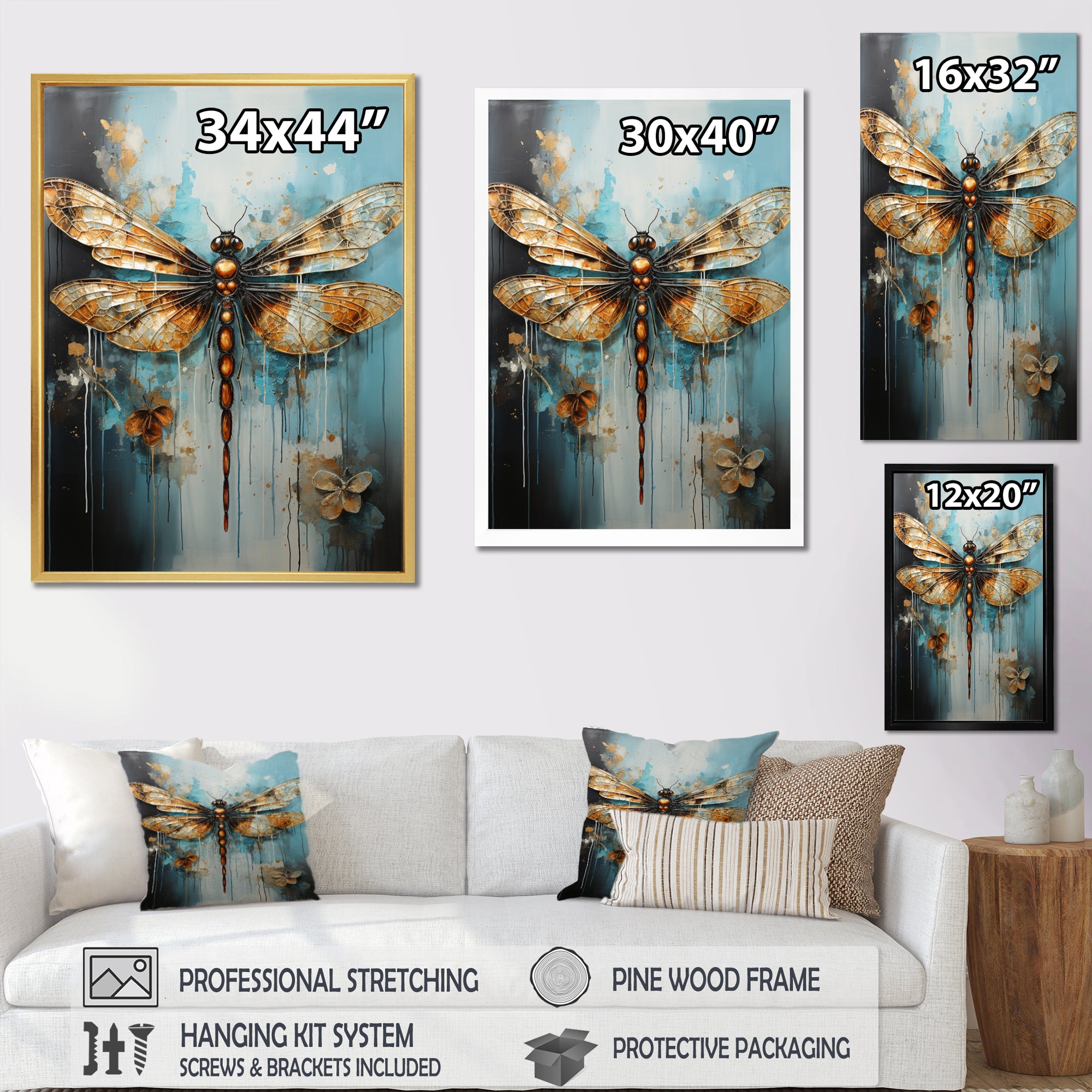 Gold Animal Turquoise Dragonfly Drips - Dragonfly Framed Canvas Art