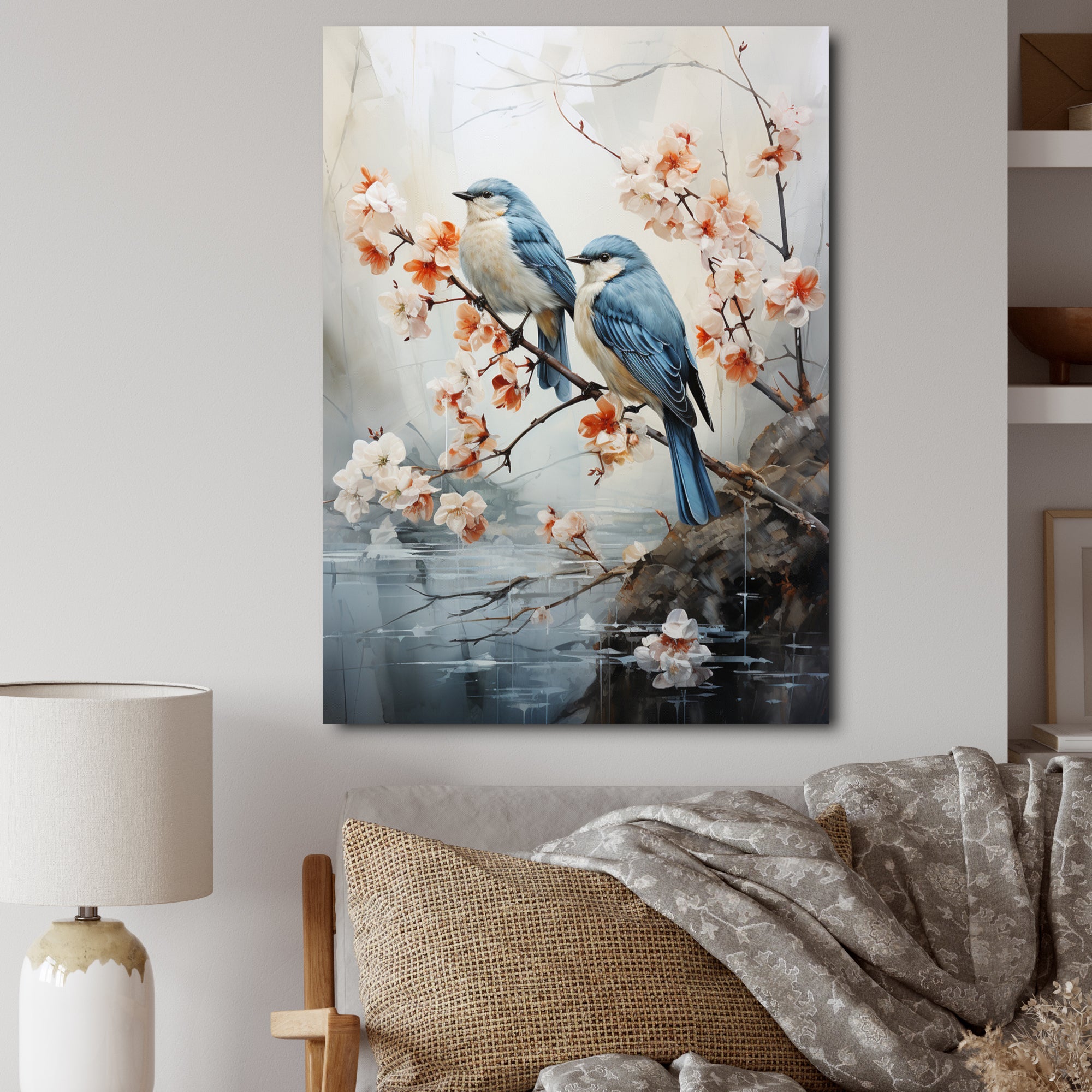 River Cascades and Birds - Blue Bird Floral Wall Art