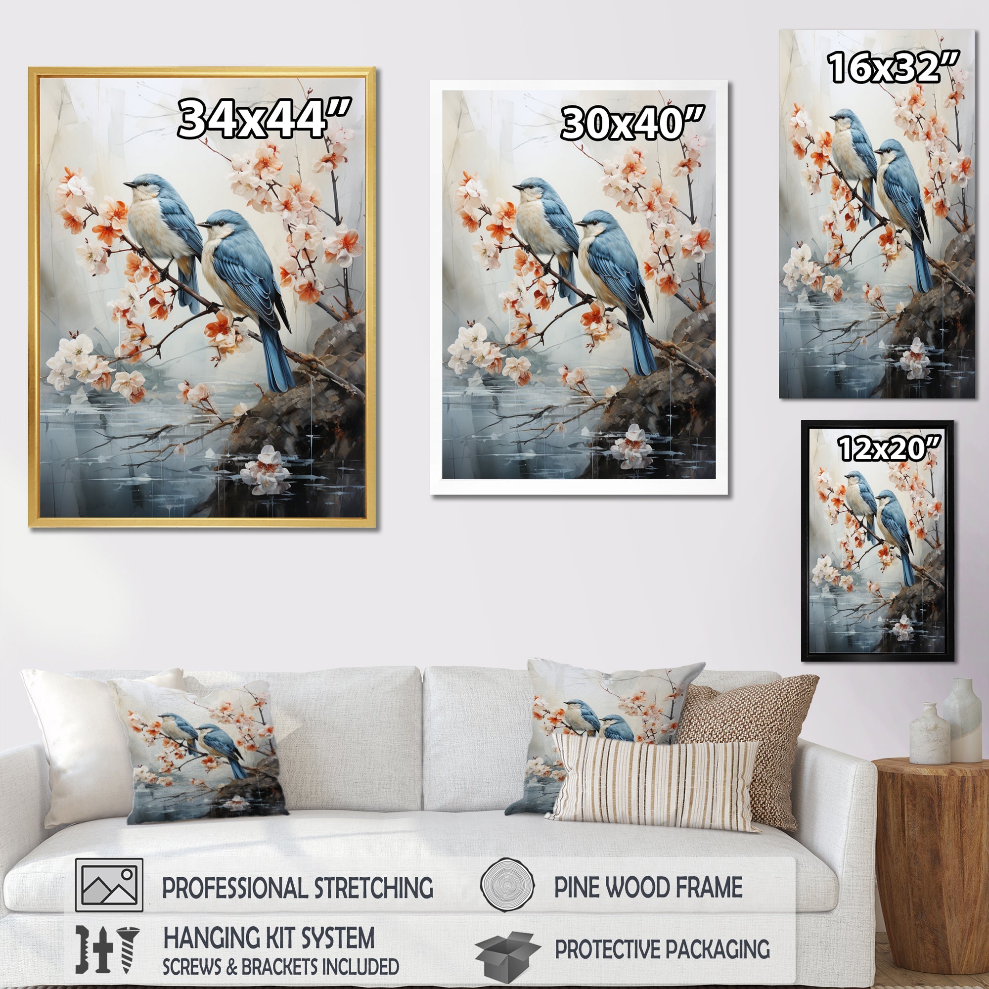 River Cascades and Birds - Blue Bird Floral Wall Art