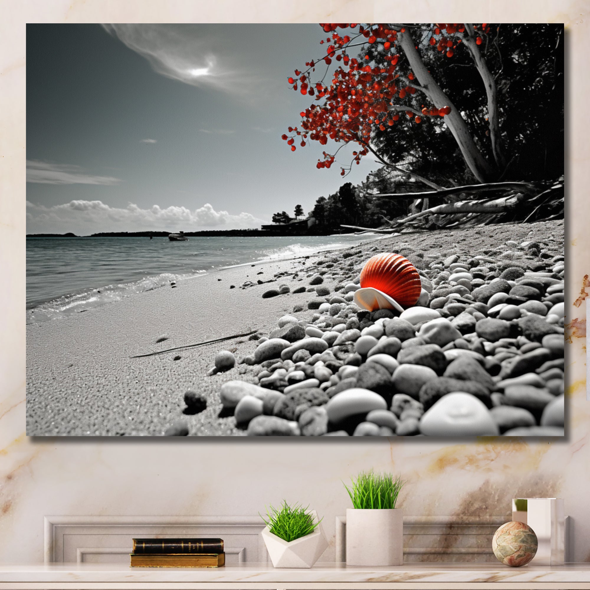 Grey Red Beach Seashell Symphony - Seashell Canvas Wall Art
