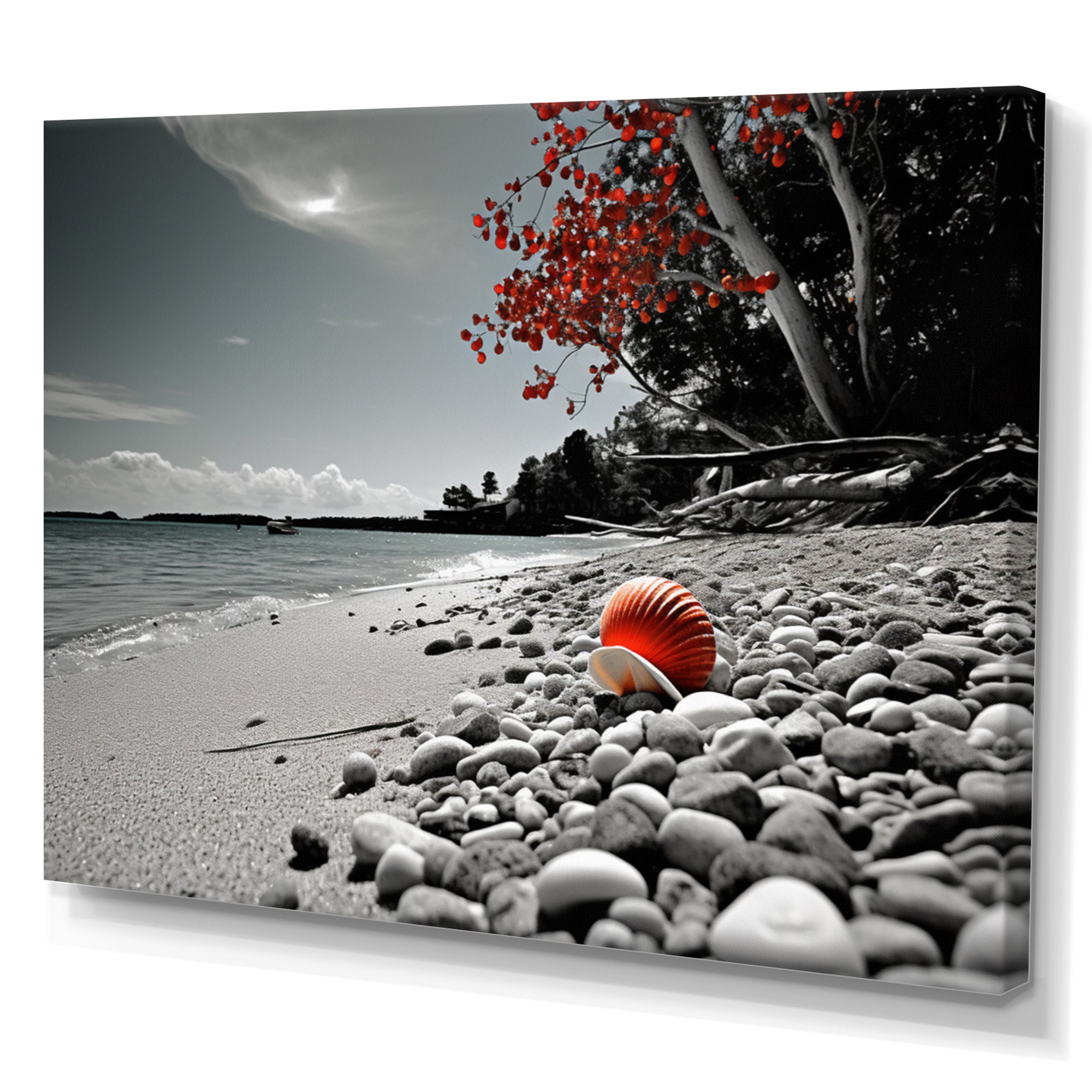 Grey Red Beach Seashell Symphony - Seashell Canvas Wall Art