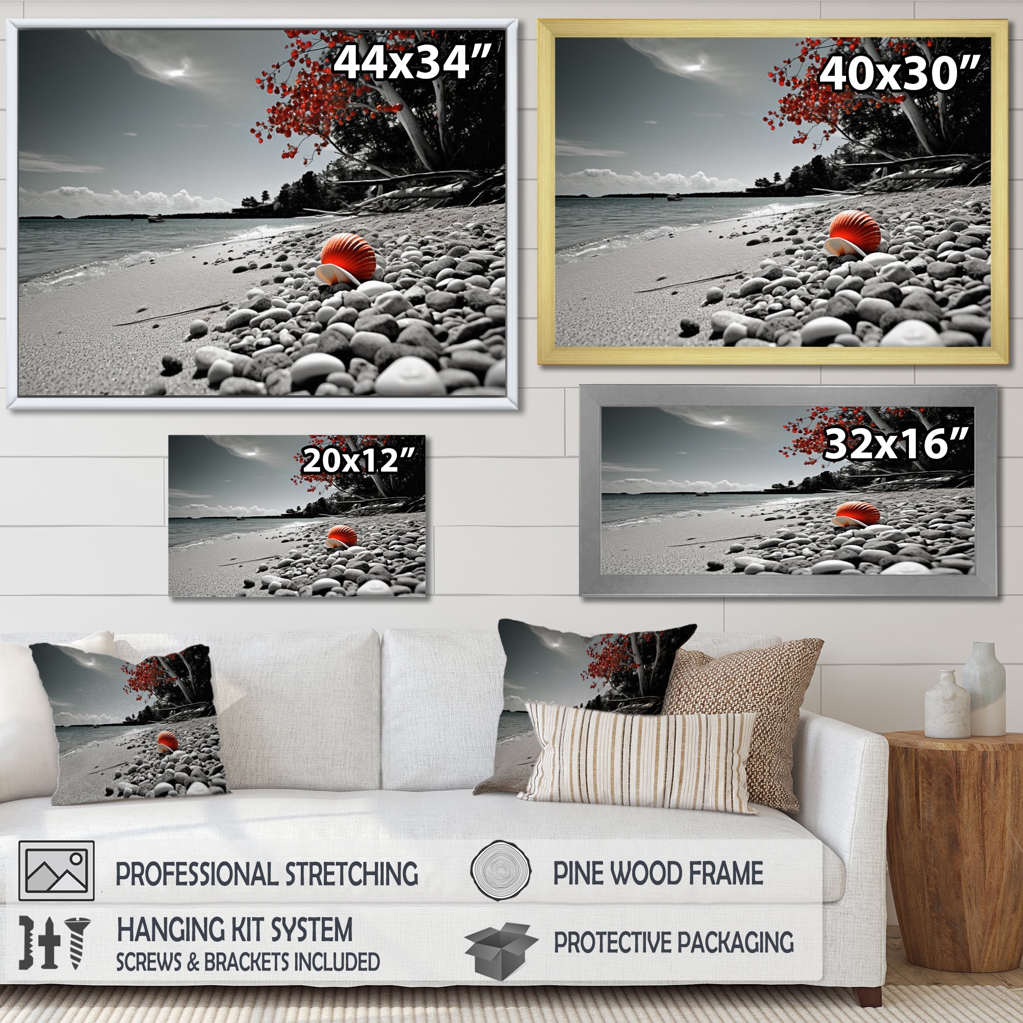 Grey Red Beach Seashell Symphony - Seashell Canvas Wall Art
