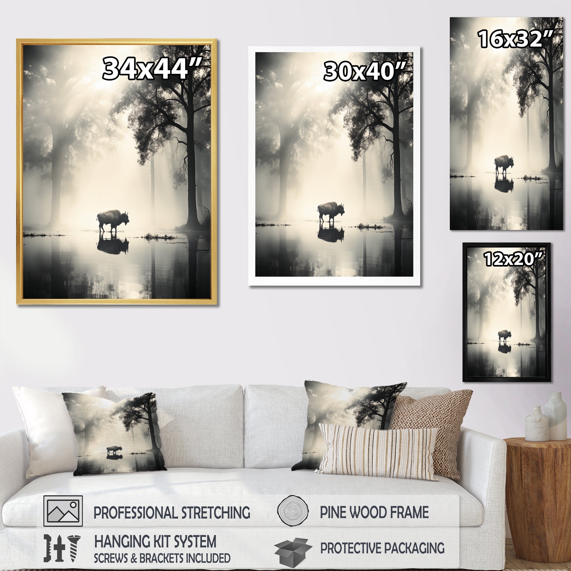 Grey Buffalo Ethereal Grazing - Buffalo Canvas Wall Art
